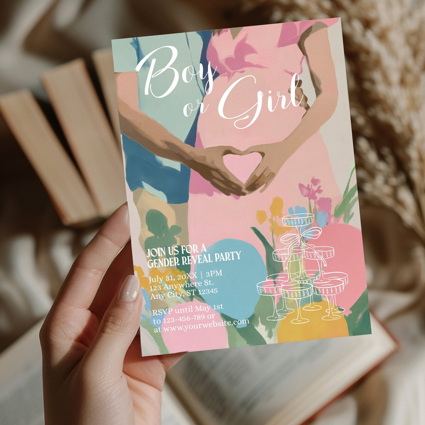 Cute Gender Reveal Party Invitation - Modern Baby Shower with Pastel Design - Boy or Girl