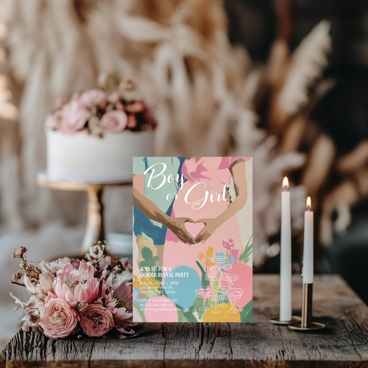 Cute Gender Reveal Party Invitation - Modern Baby Shower with Pastel Design - Boy or Girl