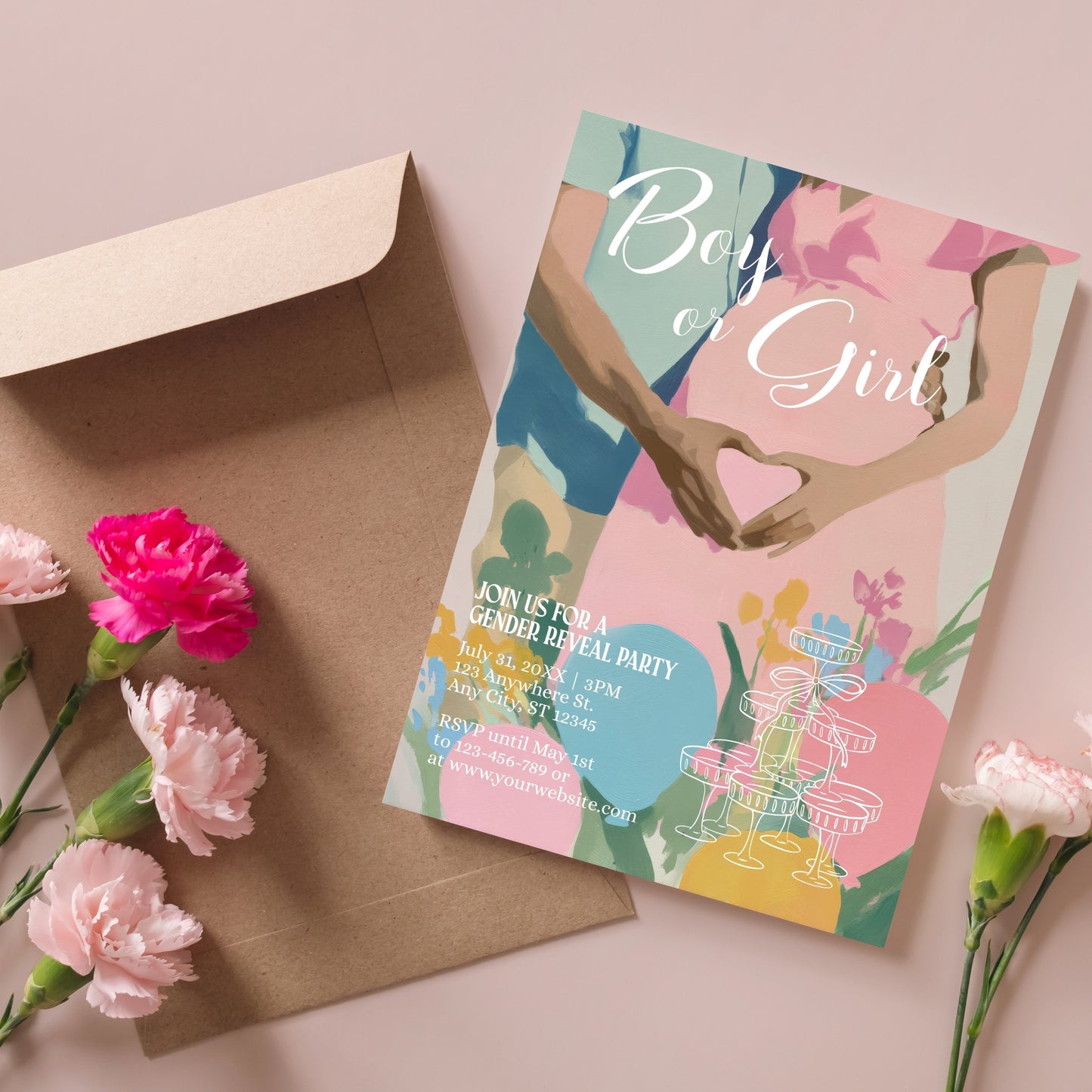 Cute Gender Reveal Party Invitation - Modern Baby Shower with Pastel Design - Boy or Girl