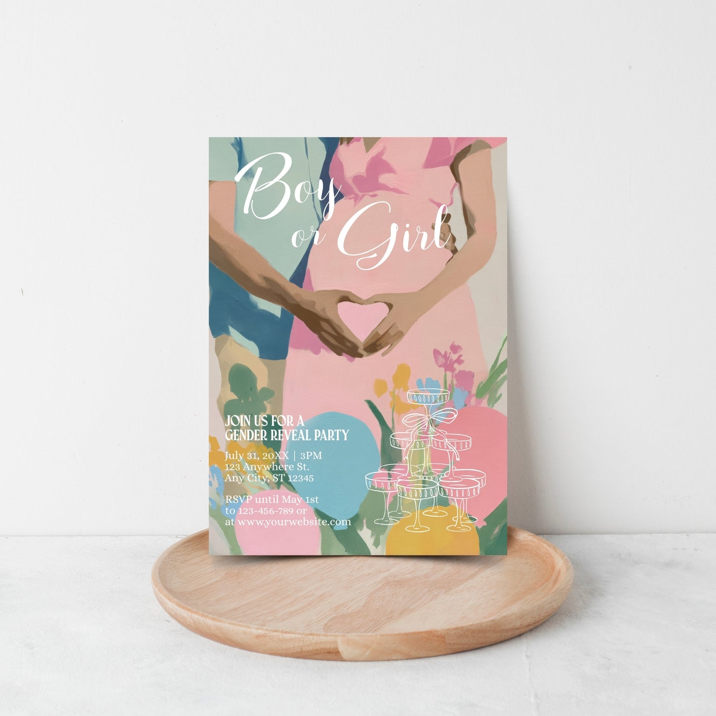 Cute Gender Reveal Party Invitation - Modern Baby Shower with Pastel Design - Boy or Girl