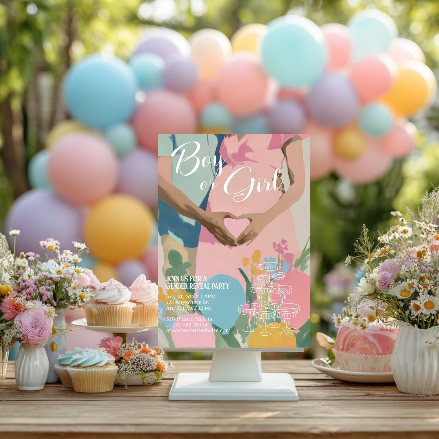 Cute Gender Reveal Party Invitation - Modern Baby Shower with Pastel Design - Boy or Girl