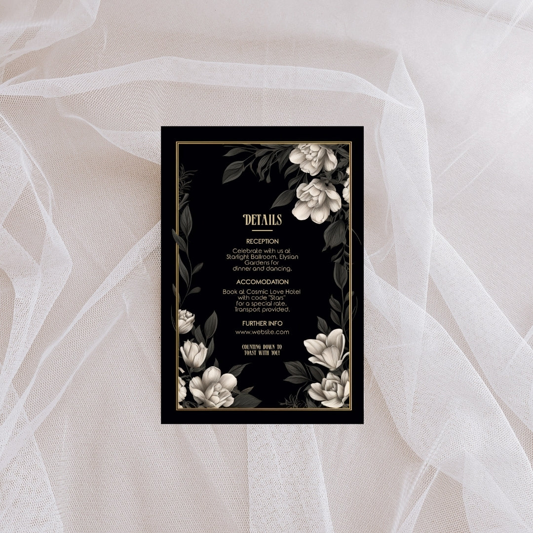 Dark Elegant Floral Wedding Invitation Set - 5x7 Invitation, 4x6 Details, 3.5.x5 RSVP