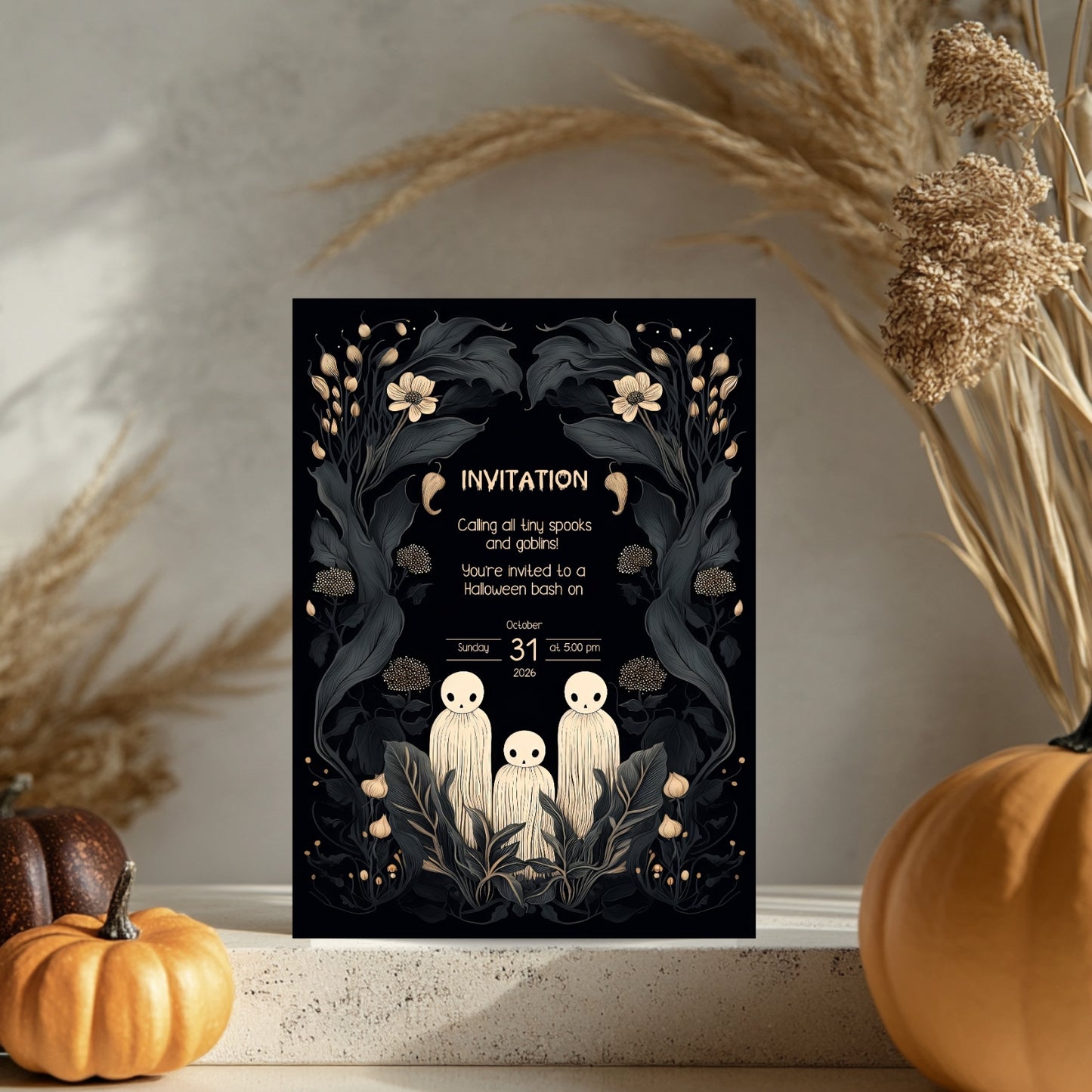 Whimsical Gothic Halloween Invitation - Cute Ghost and Botanical Design