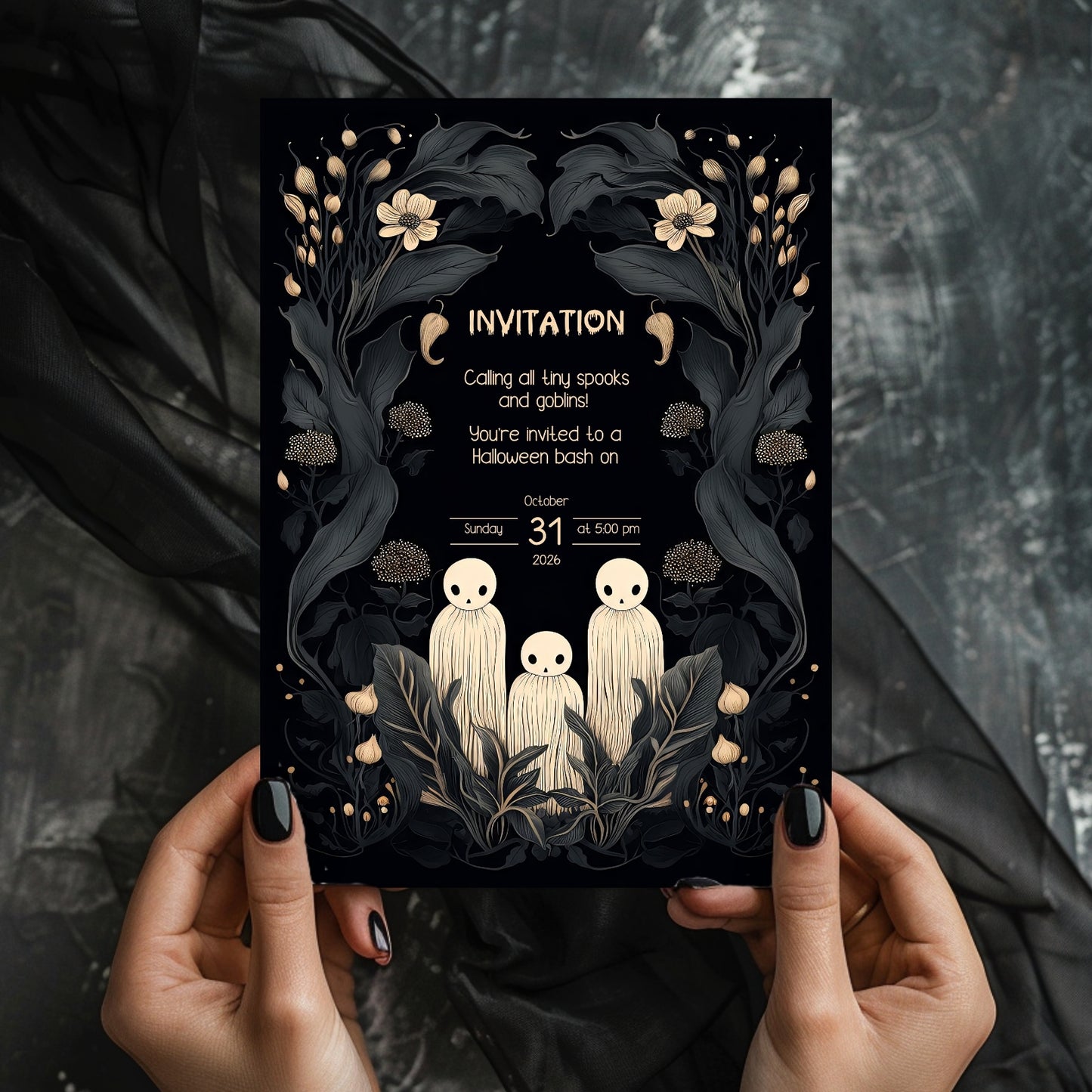 Whimsical Gothic Halloween Invitation - Cute Ghost and Botanical Design