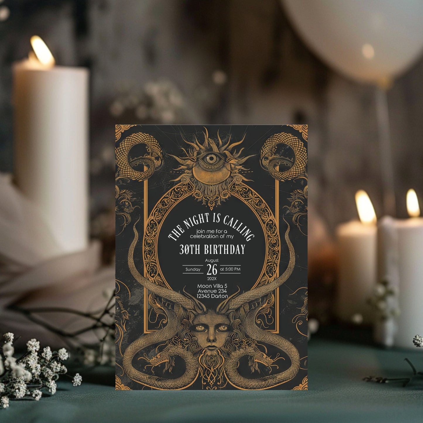Gothic Art Deco Birthday Invitation - with Serpents & Mystical Eyes | Medusa