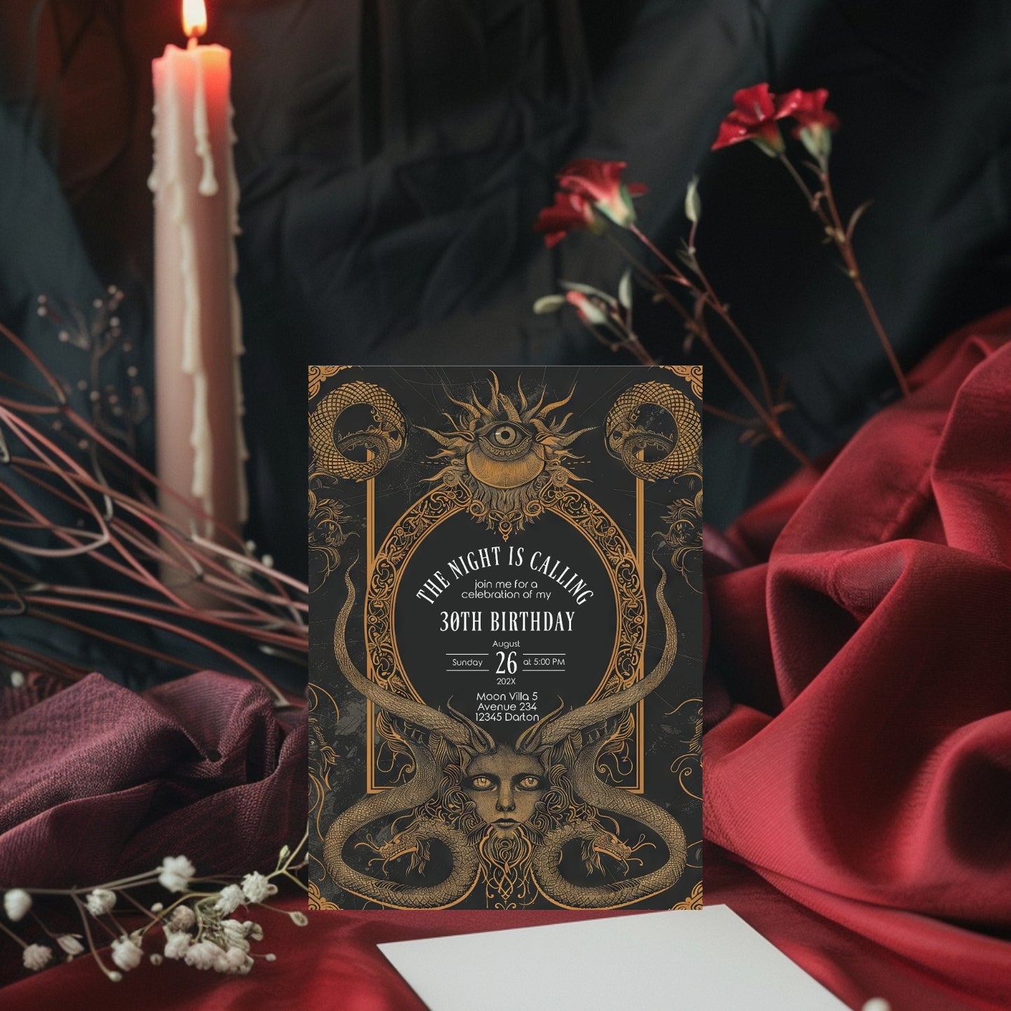 Gothic Art Deco Birthday Invitation - with Serpents & Mystical Eyes | Medusa