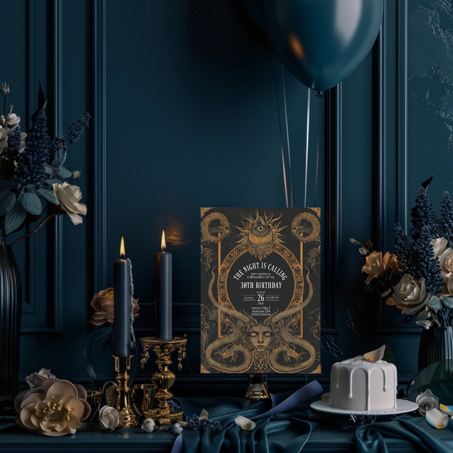Gothic Art Deco Birthday Invitation - with Serpents & Mystical Eyes | Medusa
