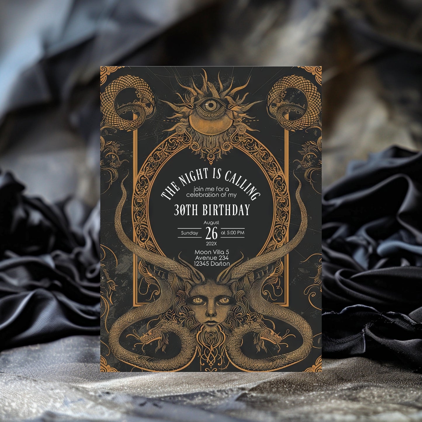 Gothic Art Deco Birthday Invitation - with Serpents & Mystical Eyes | Medusa
