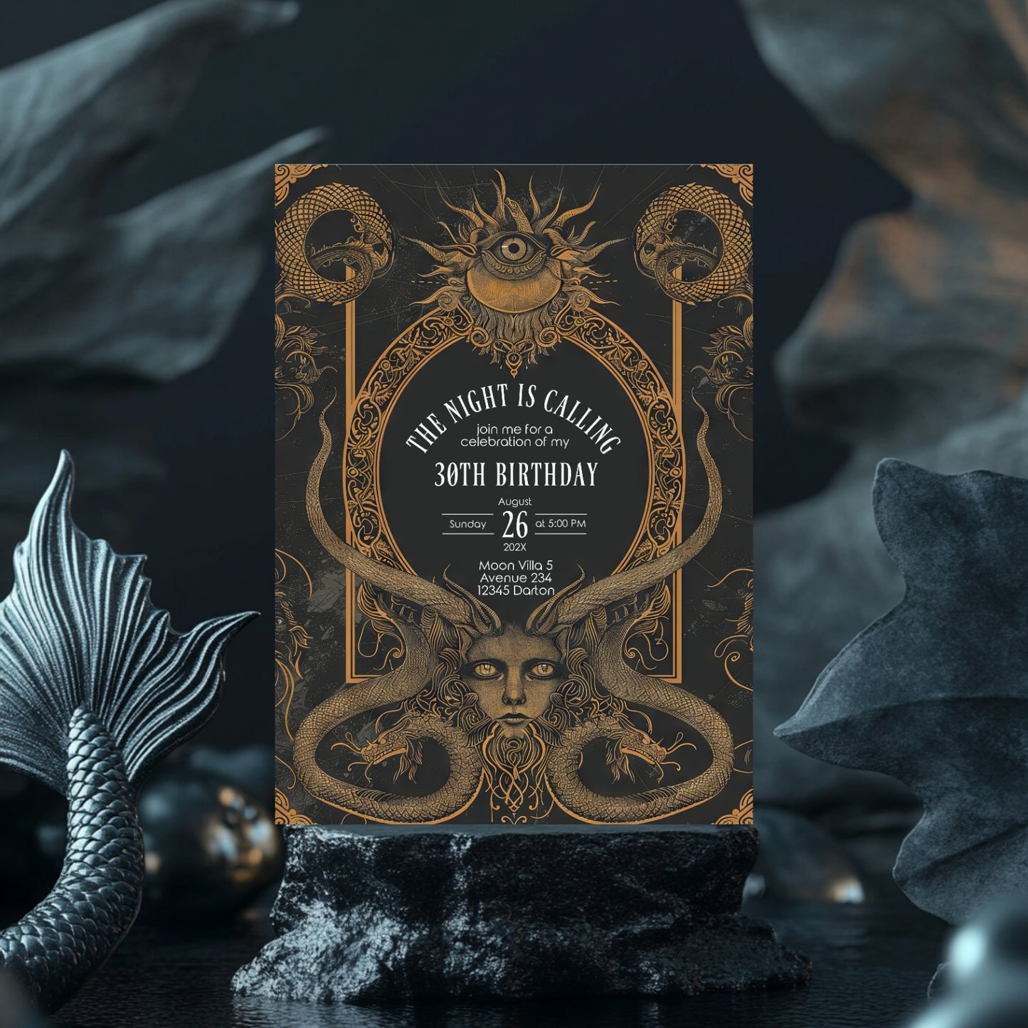 Gothic Art Deco Birthday Invitation - with Serpents & Mystical Eyes | Medusa