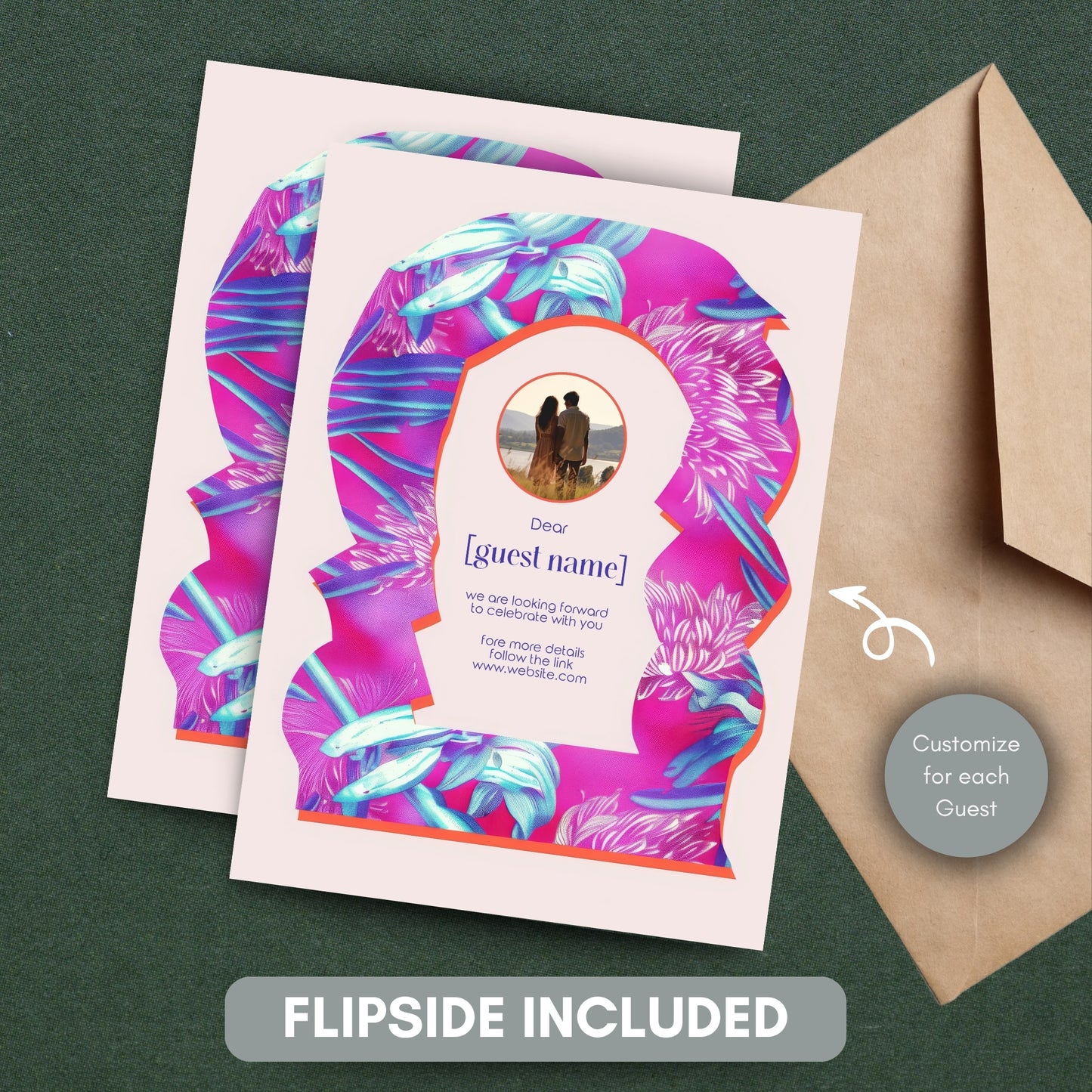 Neon Floral Wedding Invitation - Eclectic Abstract Arch Design with Pink & Fuchsia