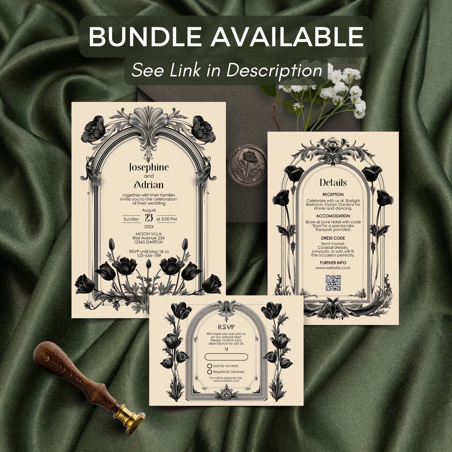 Gothic Poppy Baroque Wedding Invitation – Dark Vintage Floral Arch Design
