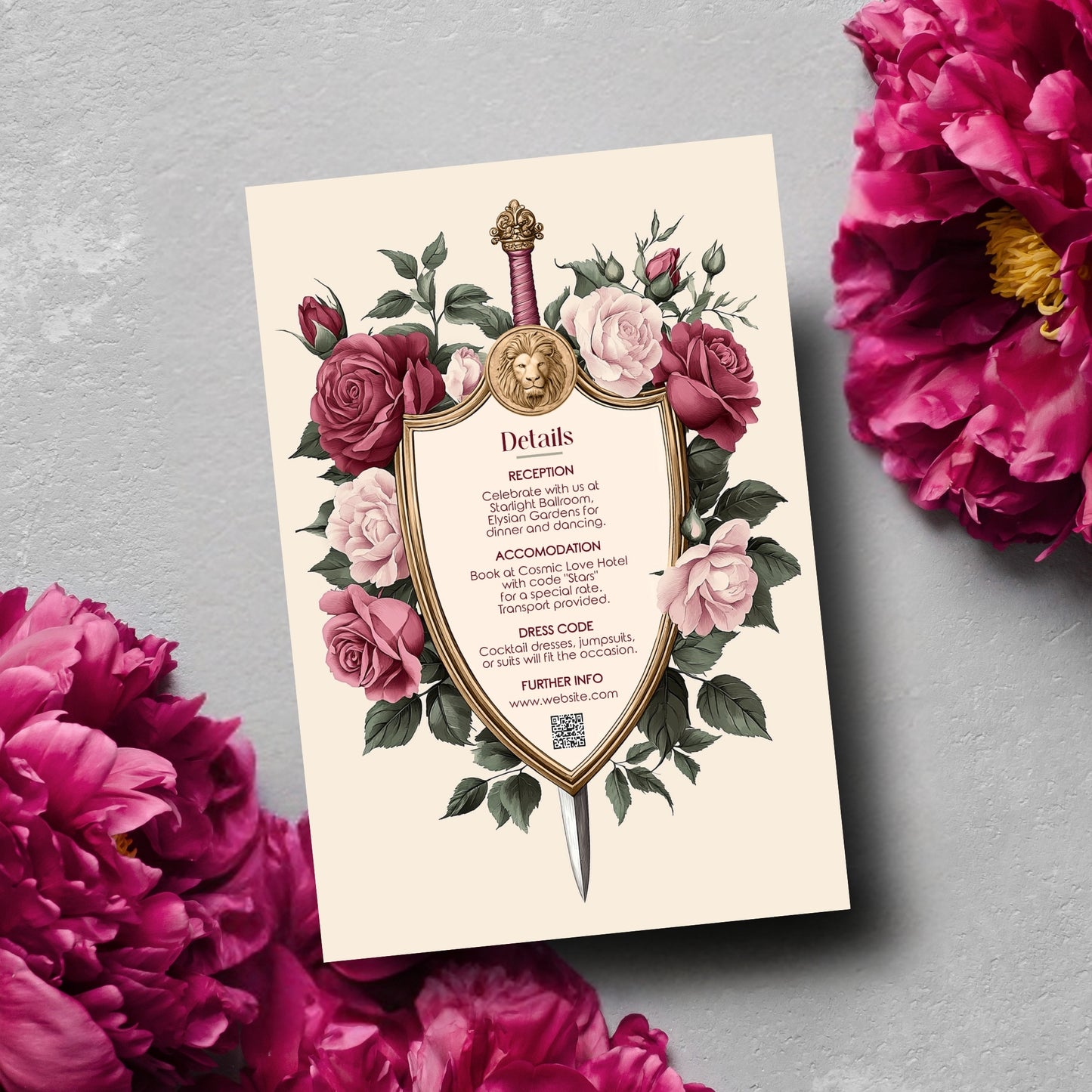 Medieval Wedding Invitation Set - Lion Crest, Roses and Gold Shield, Editable 8 items