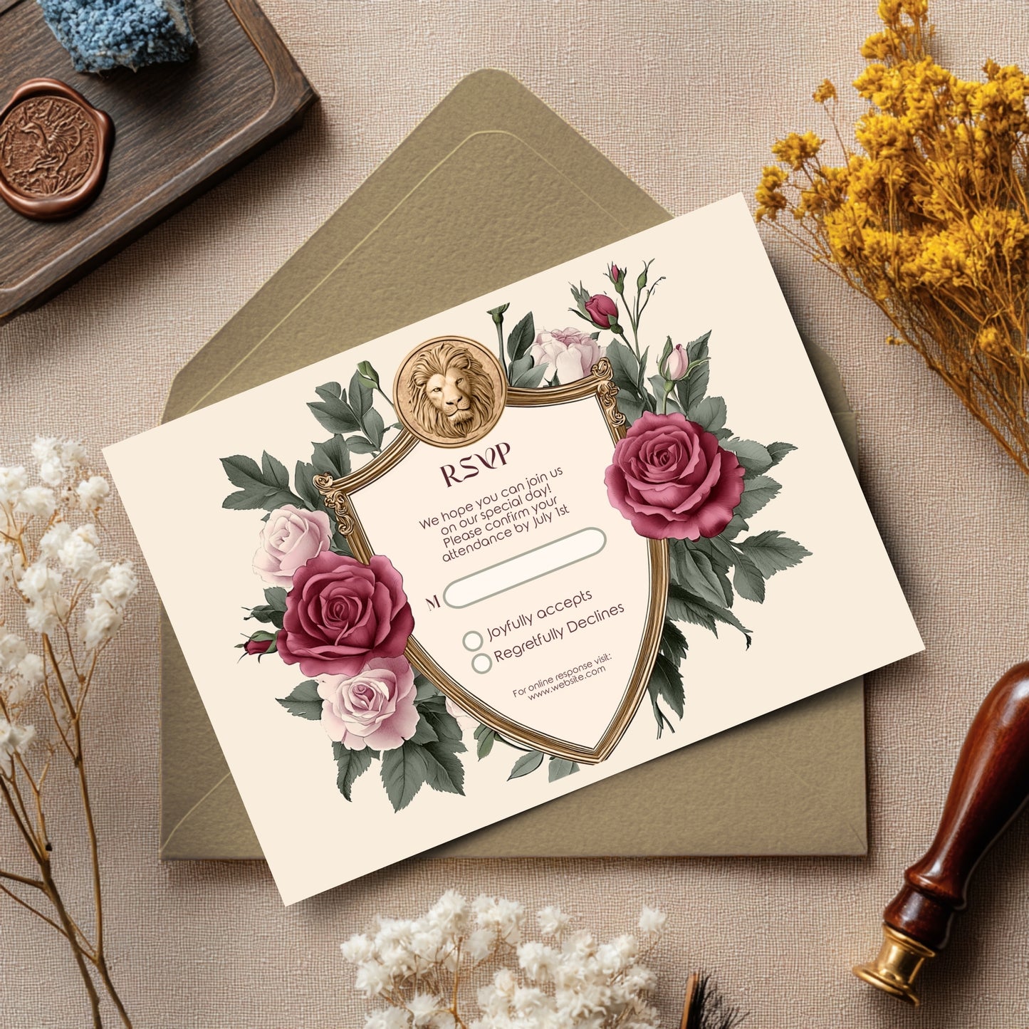 Medieval Wedding Invitation Set - Lion Crest, Roses and Gold Shield, Editable 8 items