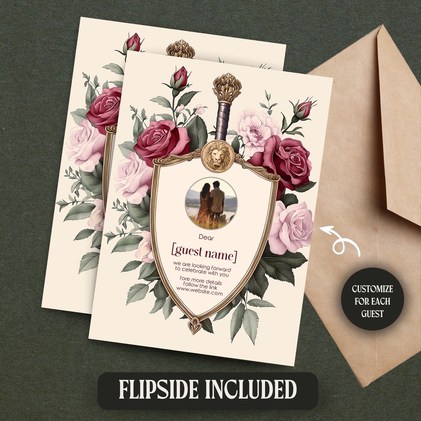 Medieval Wedding Invitation Set - Lion Crest, Roses and Gold Shield, Editable 8 items