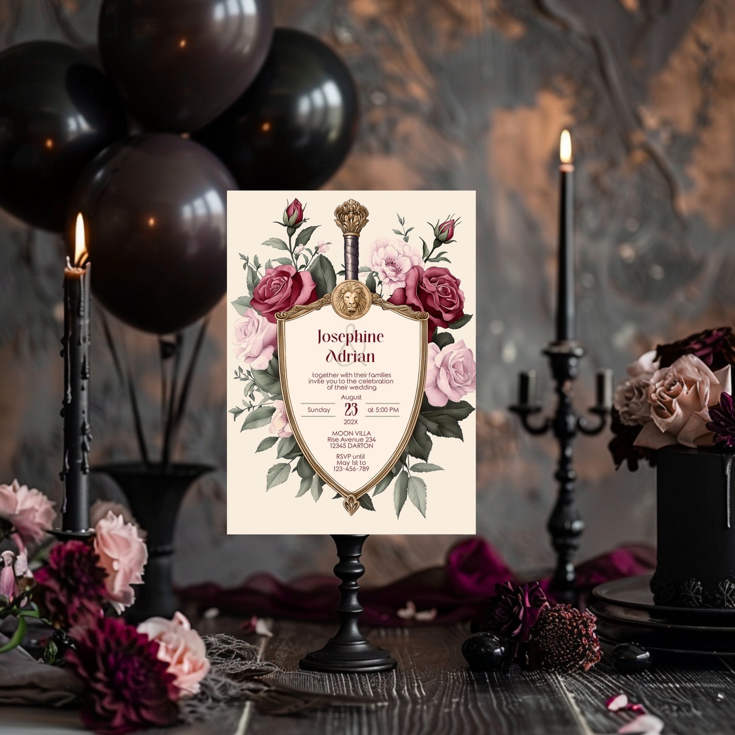 Medieval Wedding Invitation Set - Lion Crest, Roses and Gold Shield, Editable 8 items