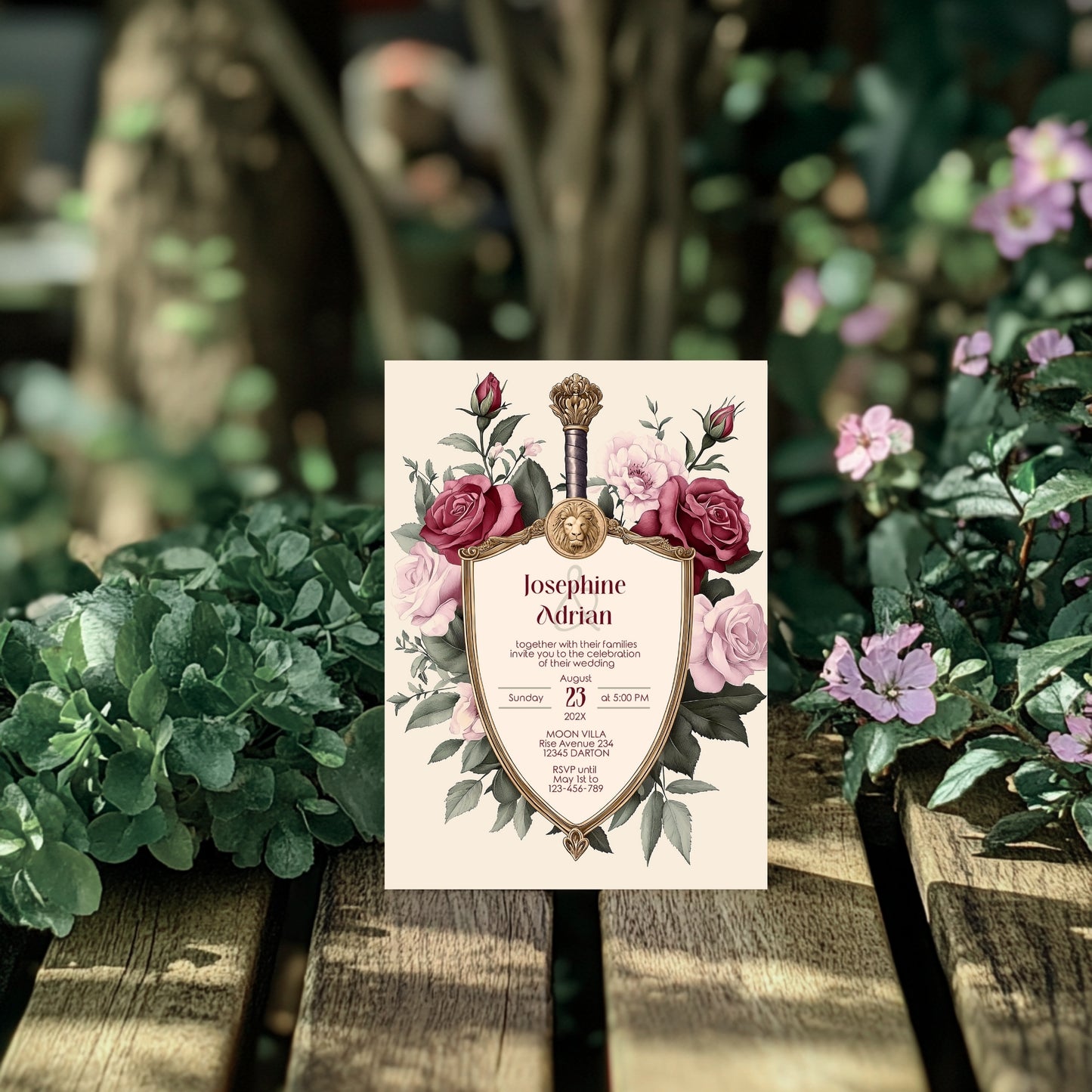 Medieval Wedding Invitation Set - Lion Crest, Roses and Gold Shield, Editable 8 items