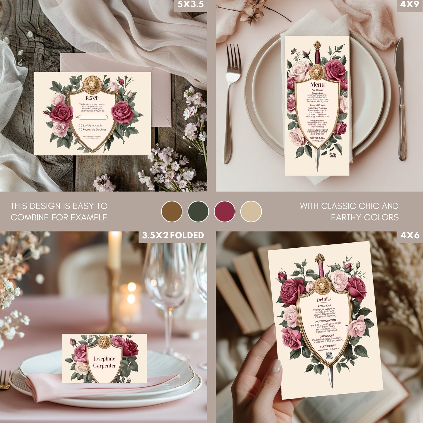Medieval Wedding Invitation Set - Lion Crest, Roses and Gold Shield, Editable 8 items