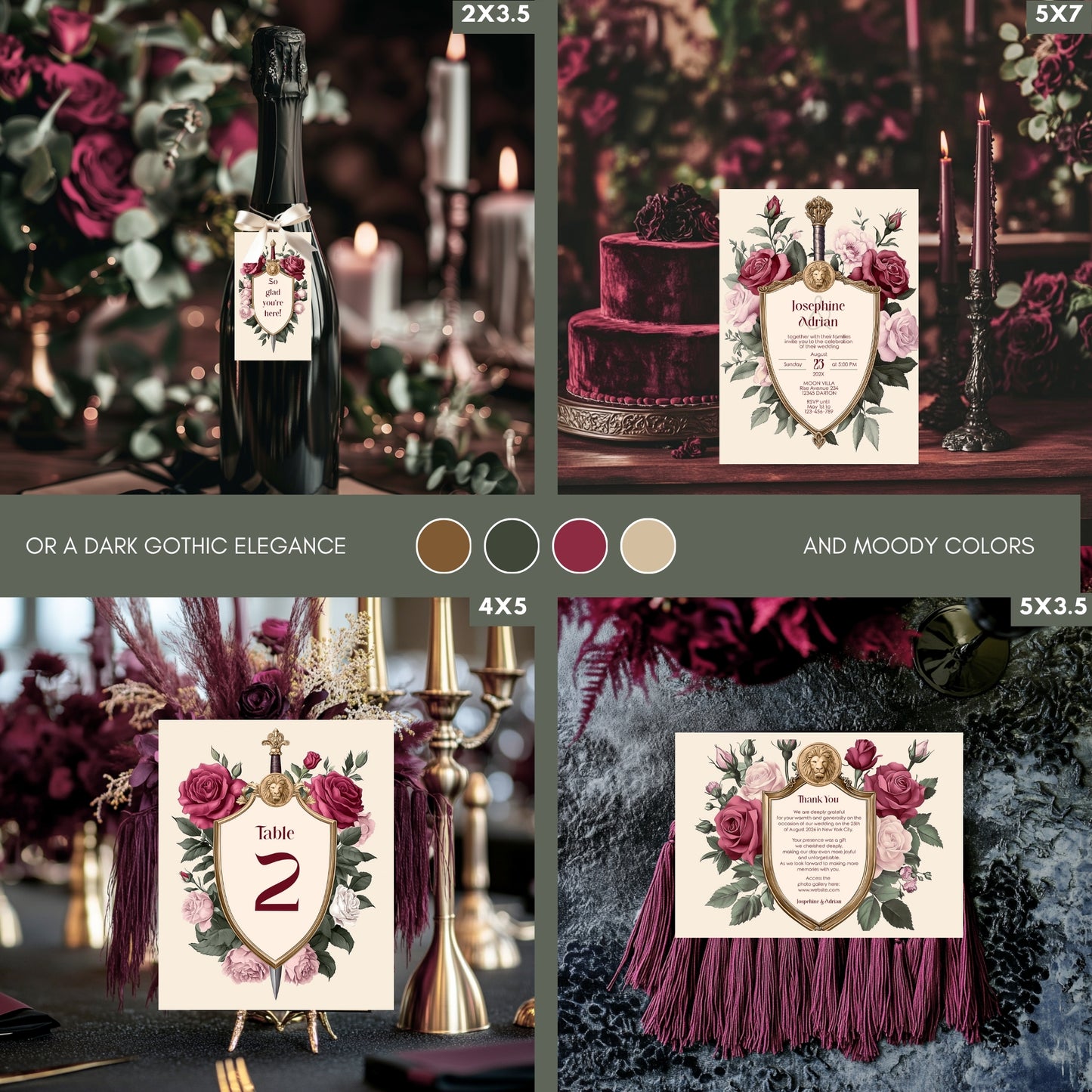 Medieval Wedding Invitation Set - Lion Crest, Roses and Gold Shield, Editable 8 items