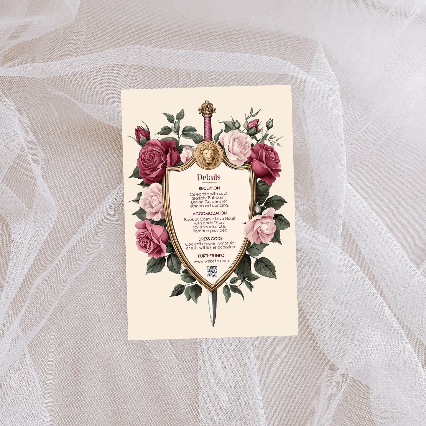 Medieval Wedding Invitation Set - Lion Crest, Roses and Gold Shield, Editable 8 items