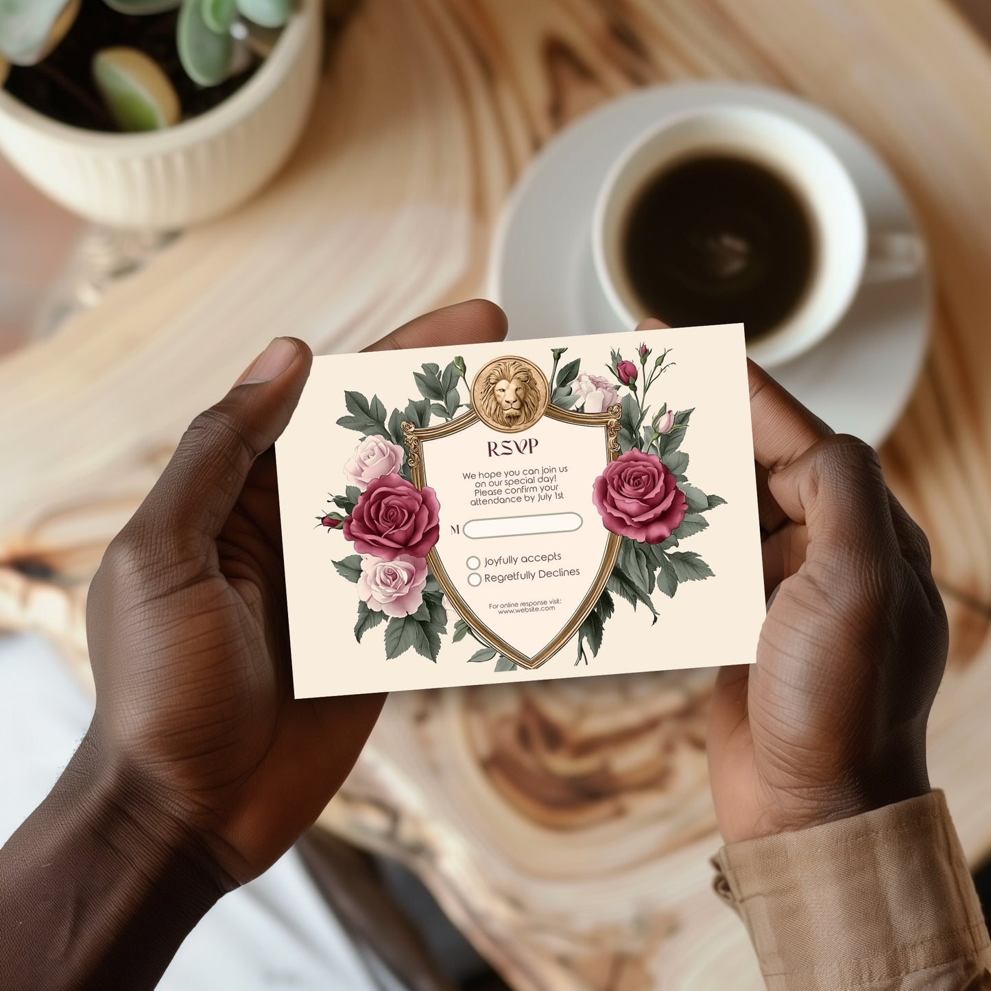 Medieval Wedding Invitation Set - Lion Crest, Roses and Gold Shield, Editable 8 items