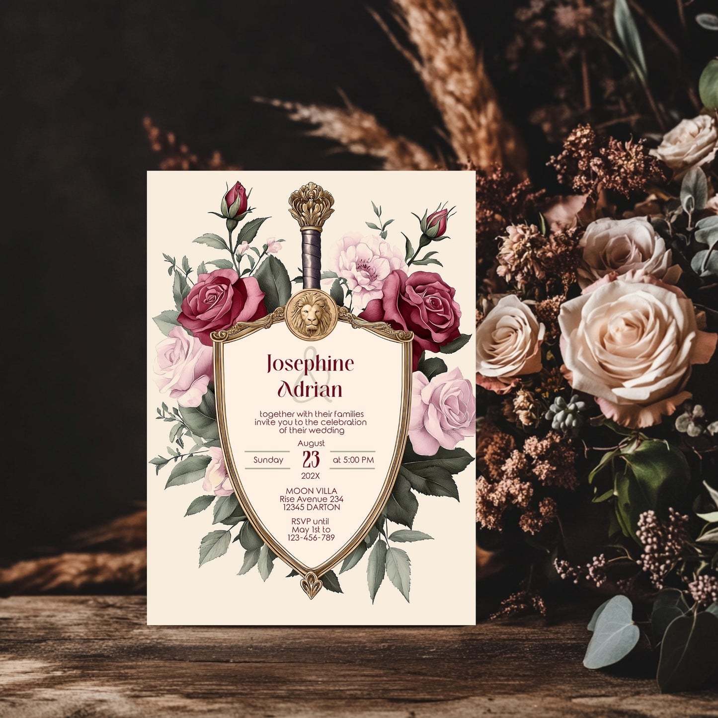 Medieval Wedding Invitation Set - Lion Crest, Roses and Gold Shield, Editable 8 items