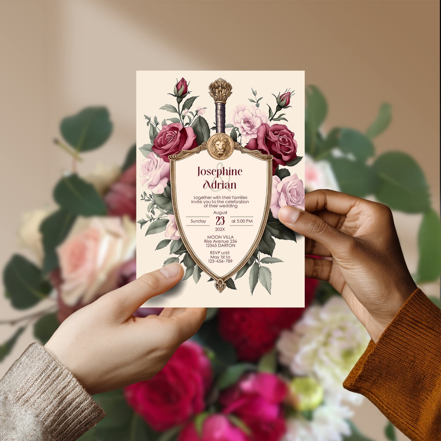 Medieval Wedding Invitation Set - Lion Crest, Roses and Gold Shield, Editable 8 items