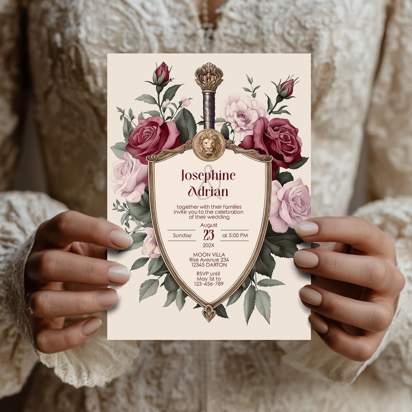 Medieval Wedding Invitation Set - Lion Crest, Roses and Gold Shield, Editable 8 items