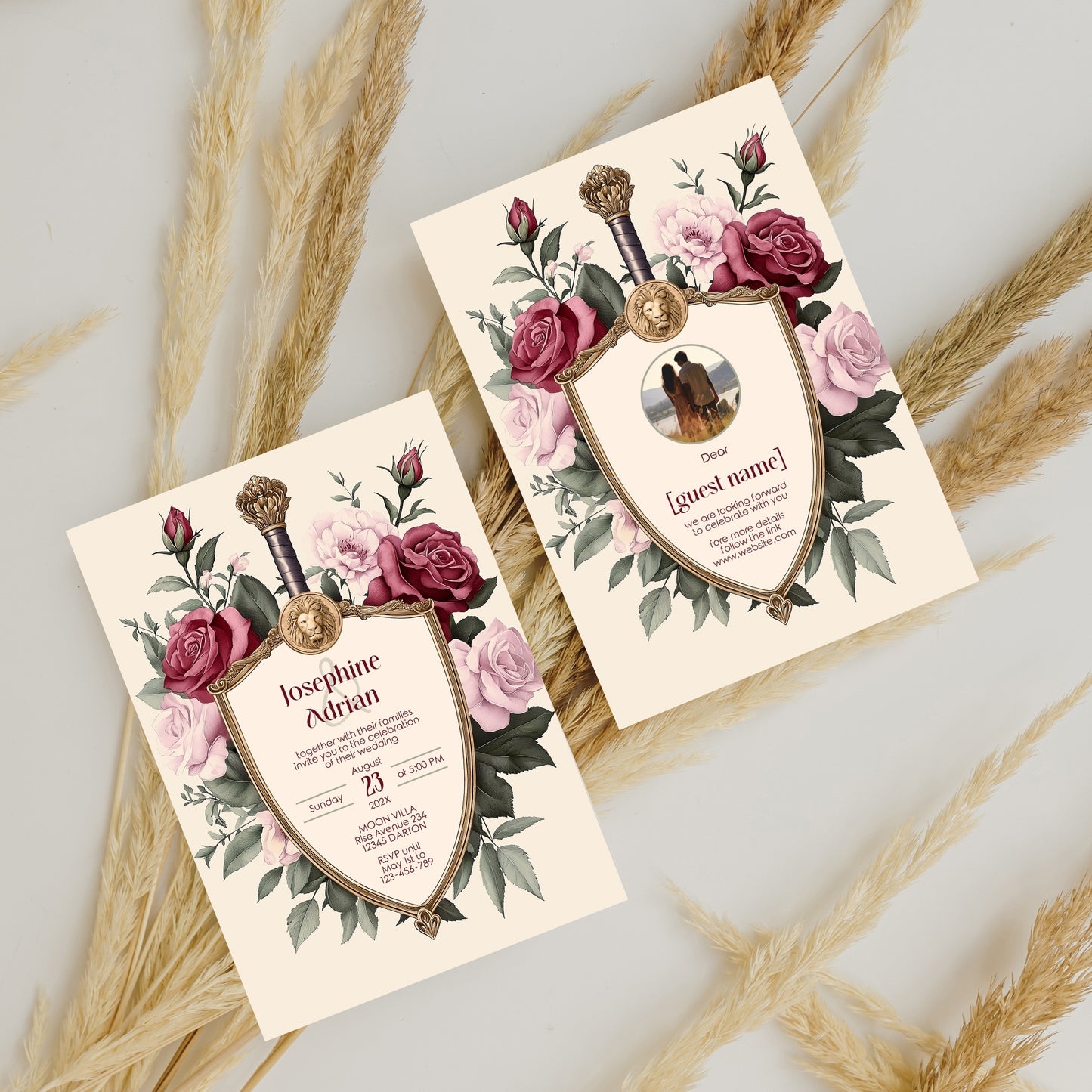 Medieval Wedding Invitation Set - Lion Crest, Roses and Gold Shield, Editable 8 items