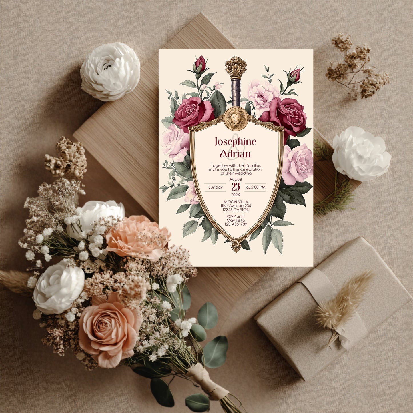 Medieval Wedding Invitation Set - Lion Crest, Roses and Gold Shield, Editable 8 items