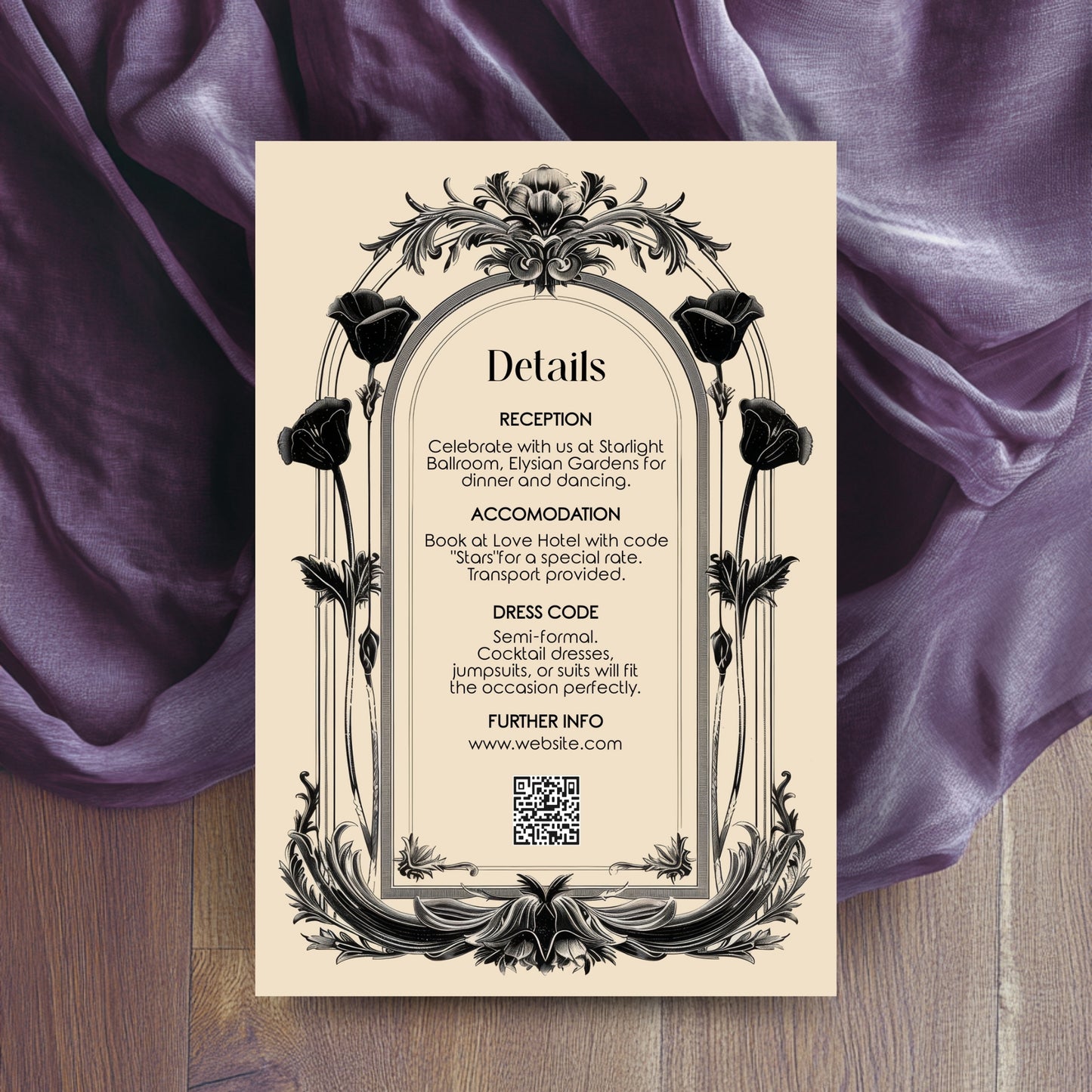 Gothic Baroque Wedding Invitation Set - Vintage Arch and Black Poppy Flowers, Invitation, RSVP & Details Card