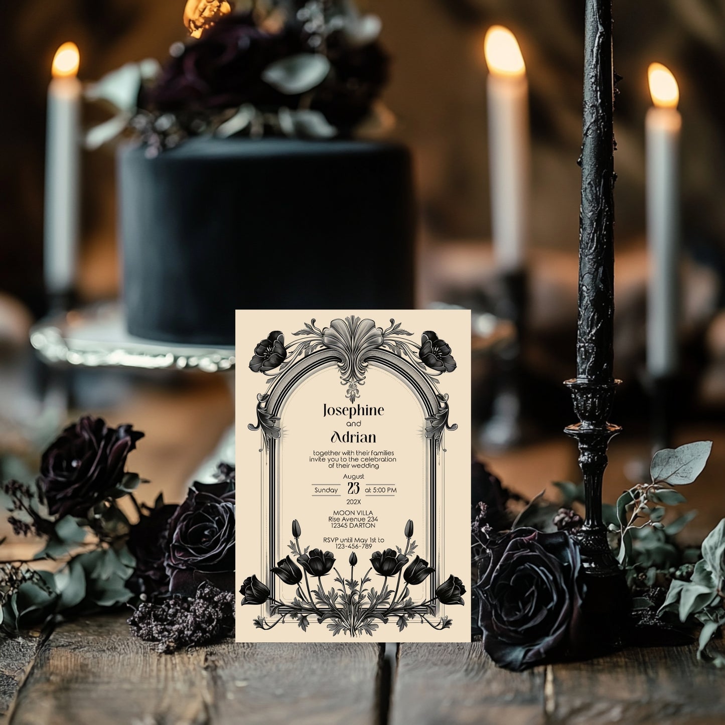 Gothic Baroque Wedding Invitation Set - Vintage Arch and Black Poppy Flowers, Invitation, RSVP & Details Card