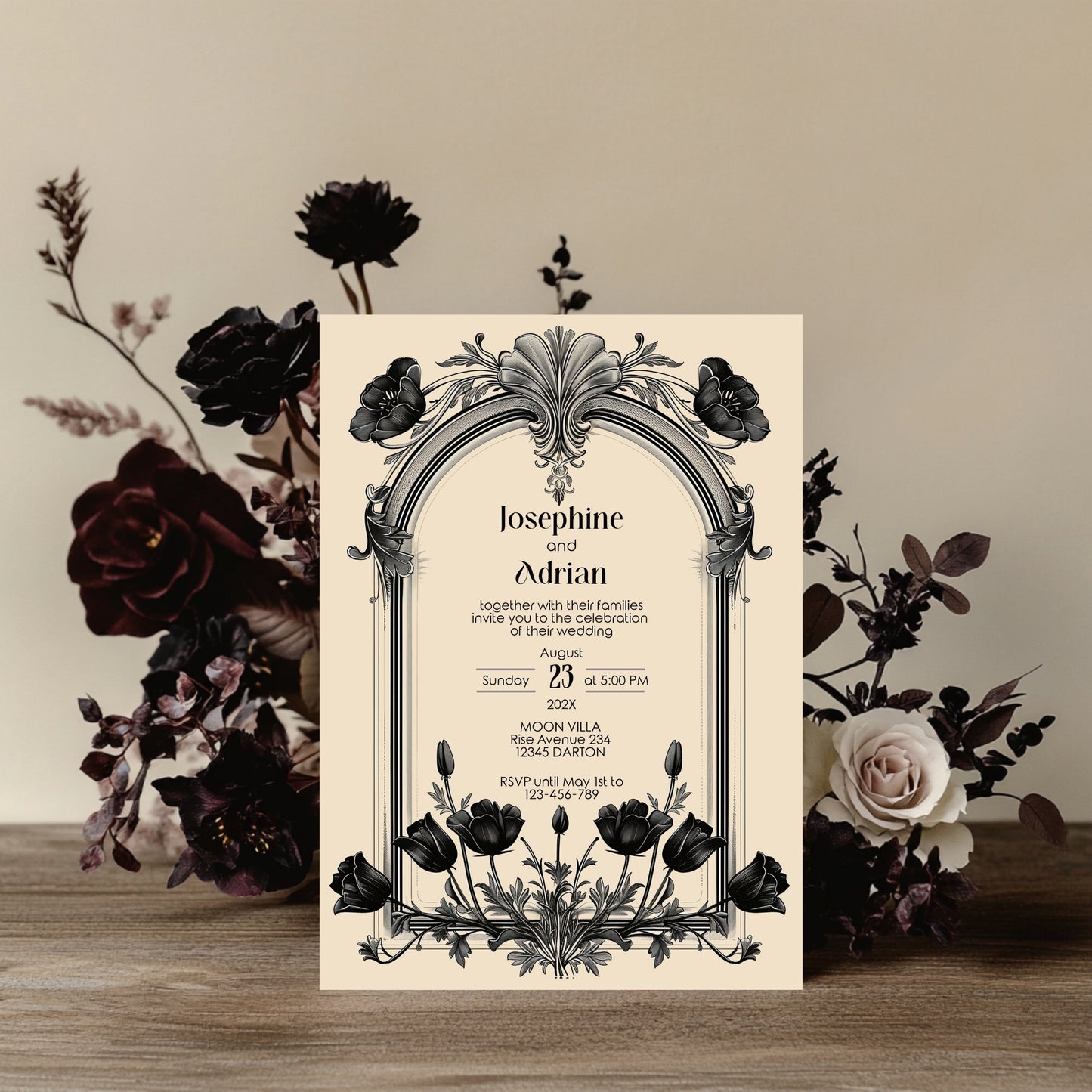 Gothic Baroque Wedding Invitation Set - Vintage Arch and Black Poppy Flowers, Invitation, RSVP & Details Card