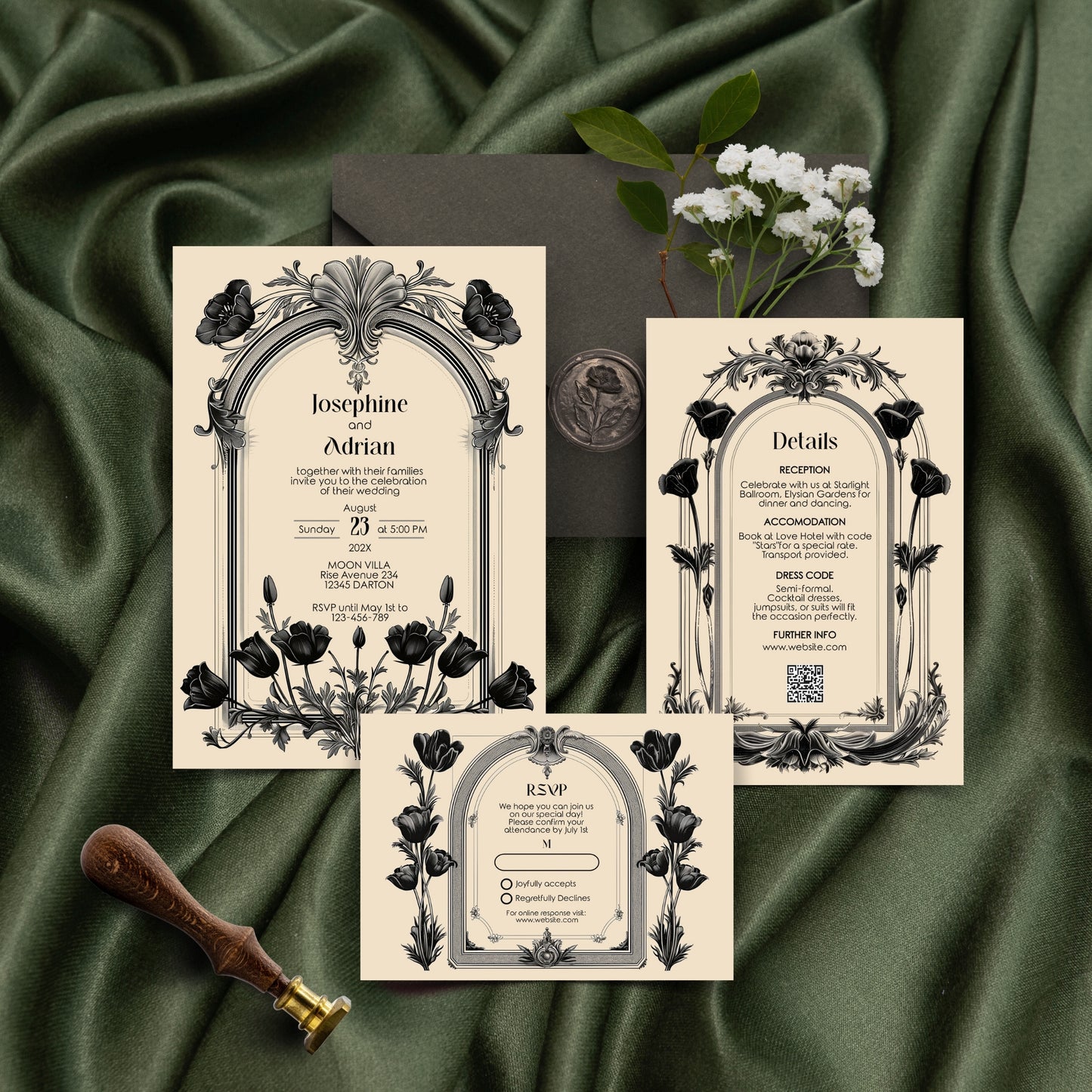 Gothic Baroque Wedding Invitation Set - Vintage Arch and Black Poppy Flowers, Invitation, RSVP & Details Card