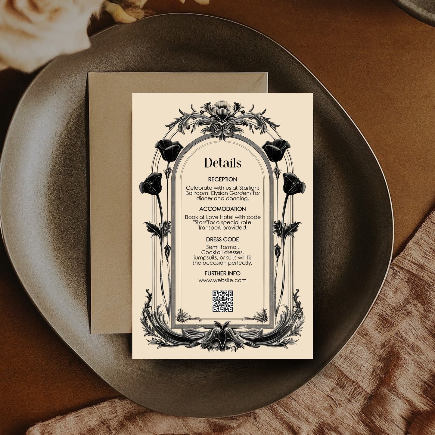 Gothic Baroque Wedding Invitation Set - Vintage Arch and Black Poppy Flowers, Invitation, RSVP & Details Card