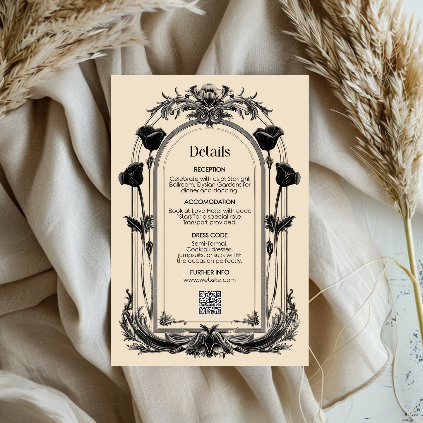 Gothic Baroque Wedding Invitation Set - Vintage Arch and Black Poppy Flowers, Invitation, RSVP & Details Card