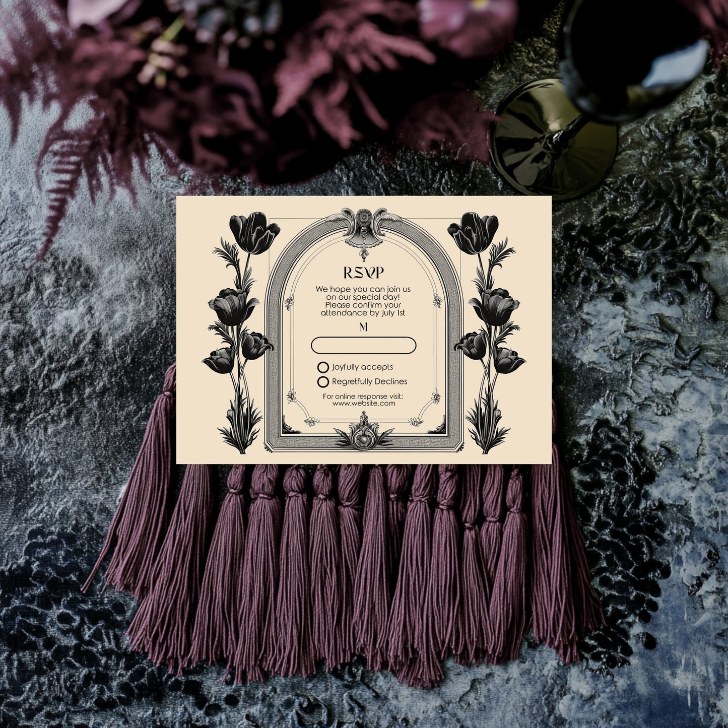 Gothic Baroque Wedding Invitation Set - Vintage Arch and Black Poppy Flowers, Invitation, RSVP & Details Card