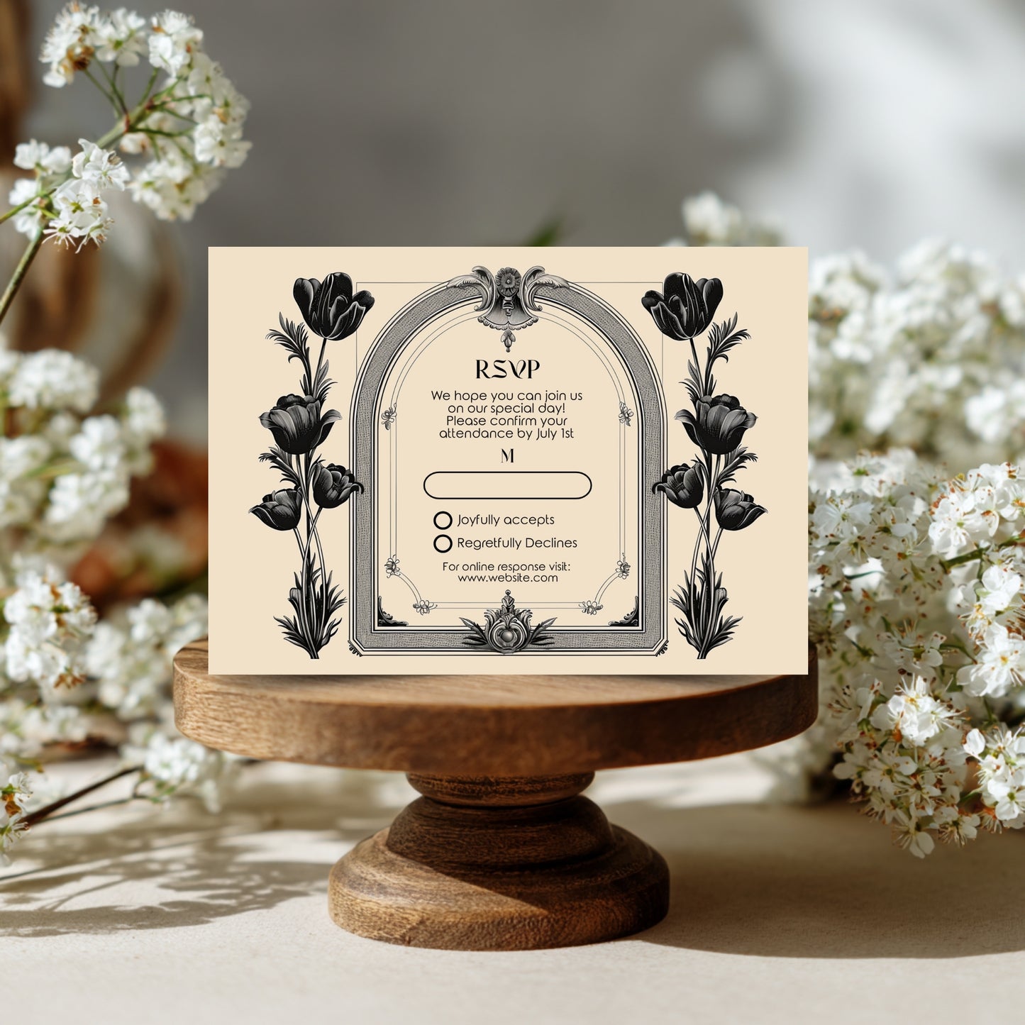 Gothic Baroque Wedding Invitation Set - Vintage Arch and Black Poppy Flowers, Invitation, RSVP & Details Card