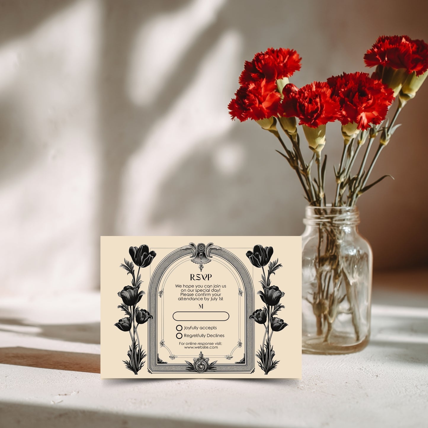 Gothic Baroque Wedding Invitation Set - Vintage Arch and Black Poppy Flowers, Invitation, RSVP & Details Card