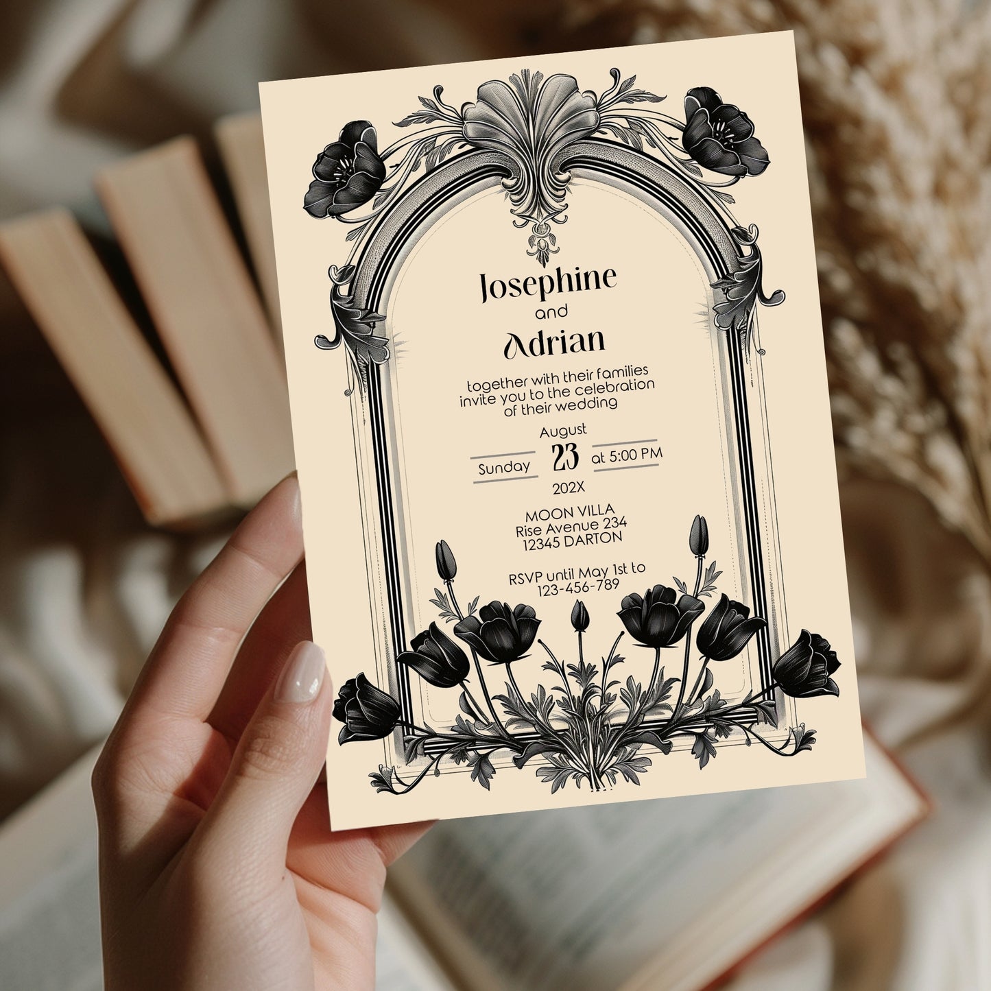 Gothic Baroque Wedding Invitation Set - Vintage Arch and Black Poppy Flowers, Invitation, RSVP & Details Card