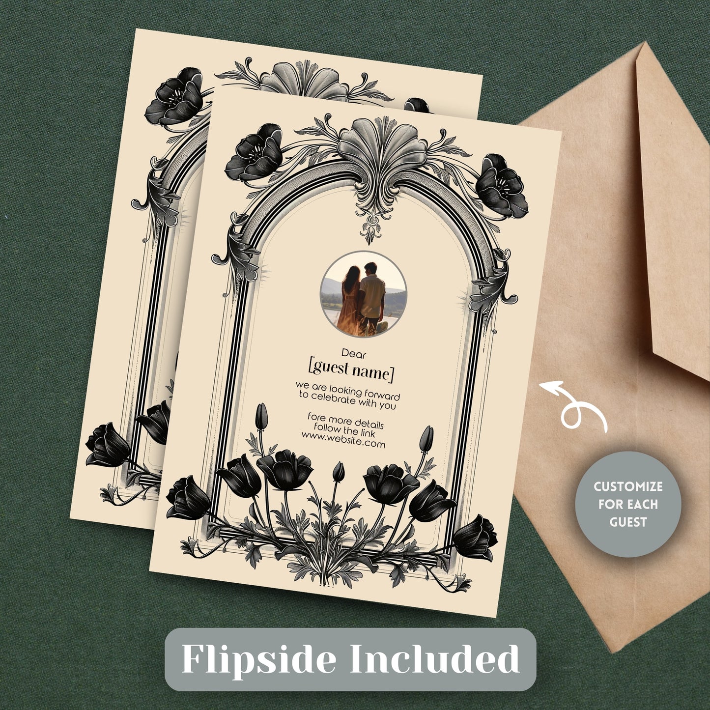 Gothic Baroque Wedding Invitation Set - Vintage Arch and Black Poppy Flowers, Invitation, RSVP & Details Card