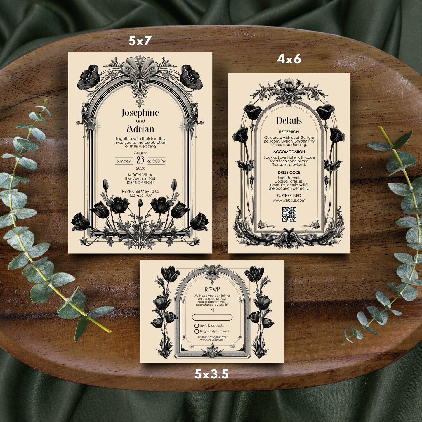 Gothic Baroque Wedding Invitation Set - Vintage Arch and Black Poppy Flowers, Invitation, RSVP & Details Card
