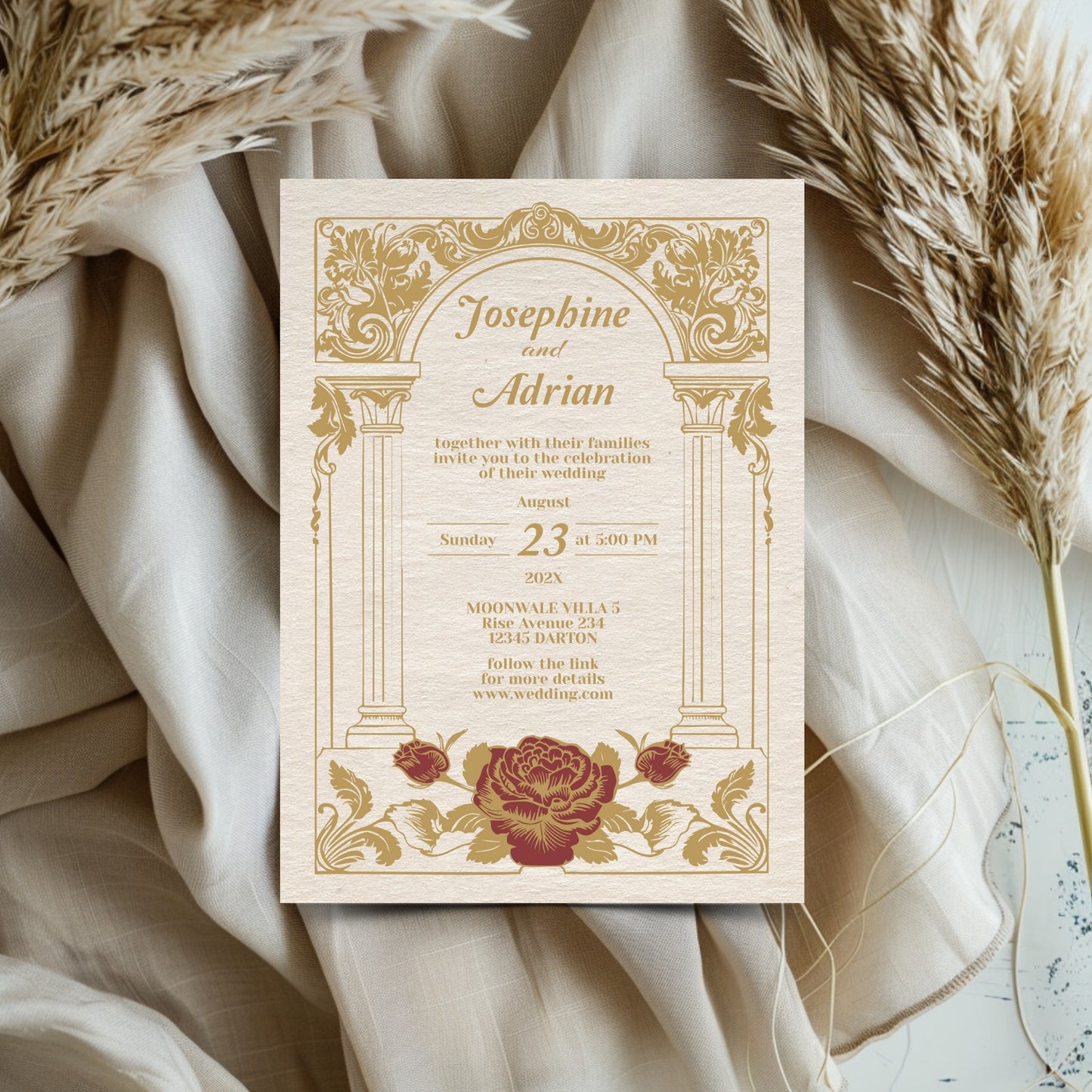 Vintage Wedding Invitation – Elegant Baroque Floral Design with Red Roses and Gold Roman Columns
