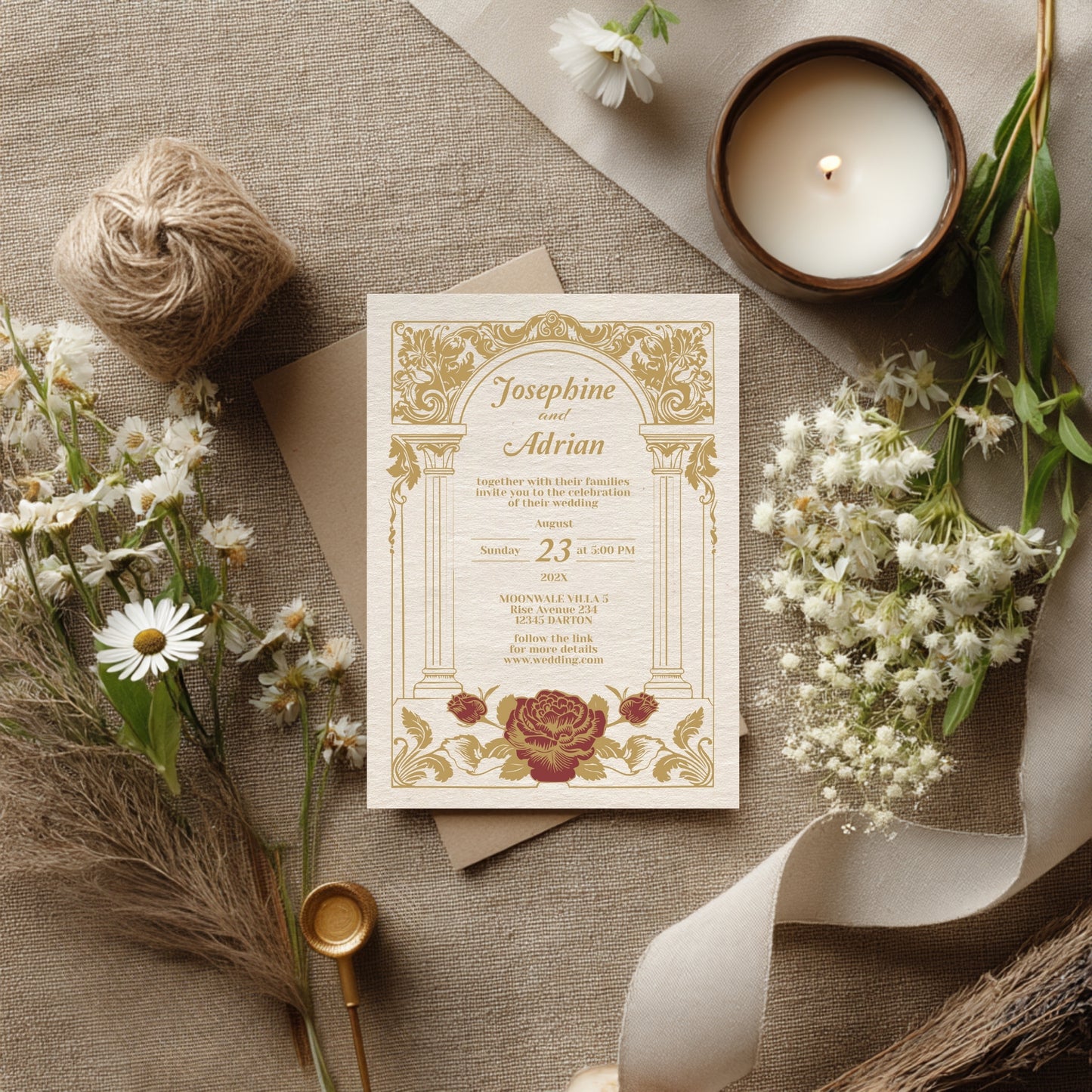 Vintage Wedding Invitation – Elegant Baroque Floral Design with Red Roses and Gold Roman Columns