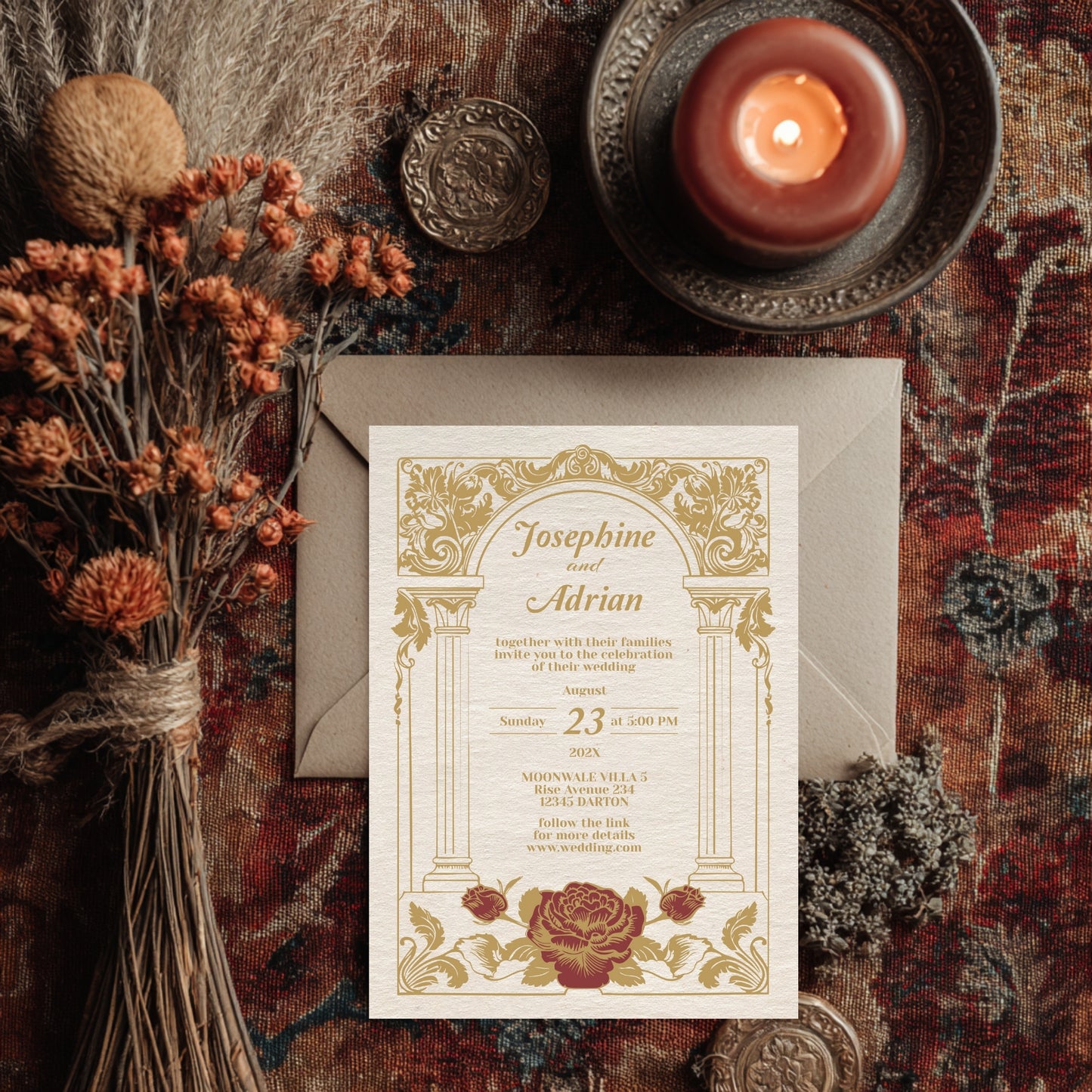Vintage Wedding Invitation – Elegant Baroque Floral Design with Red Roses and Gold Roman Columns