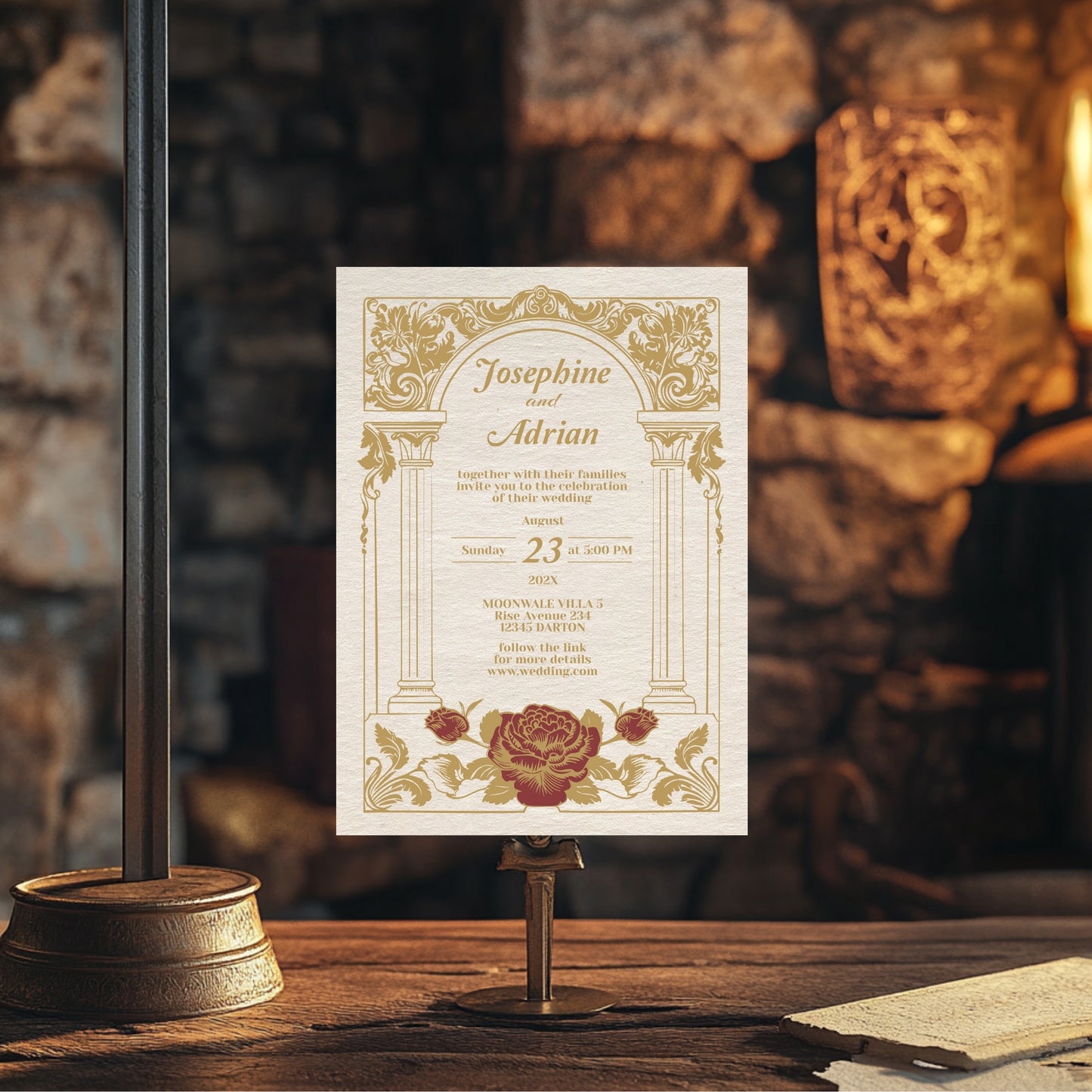 Vintage Wedding Invitation – Elegant Baroque Floral Design with Red Roses and Gold Roman Columns