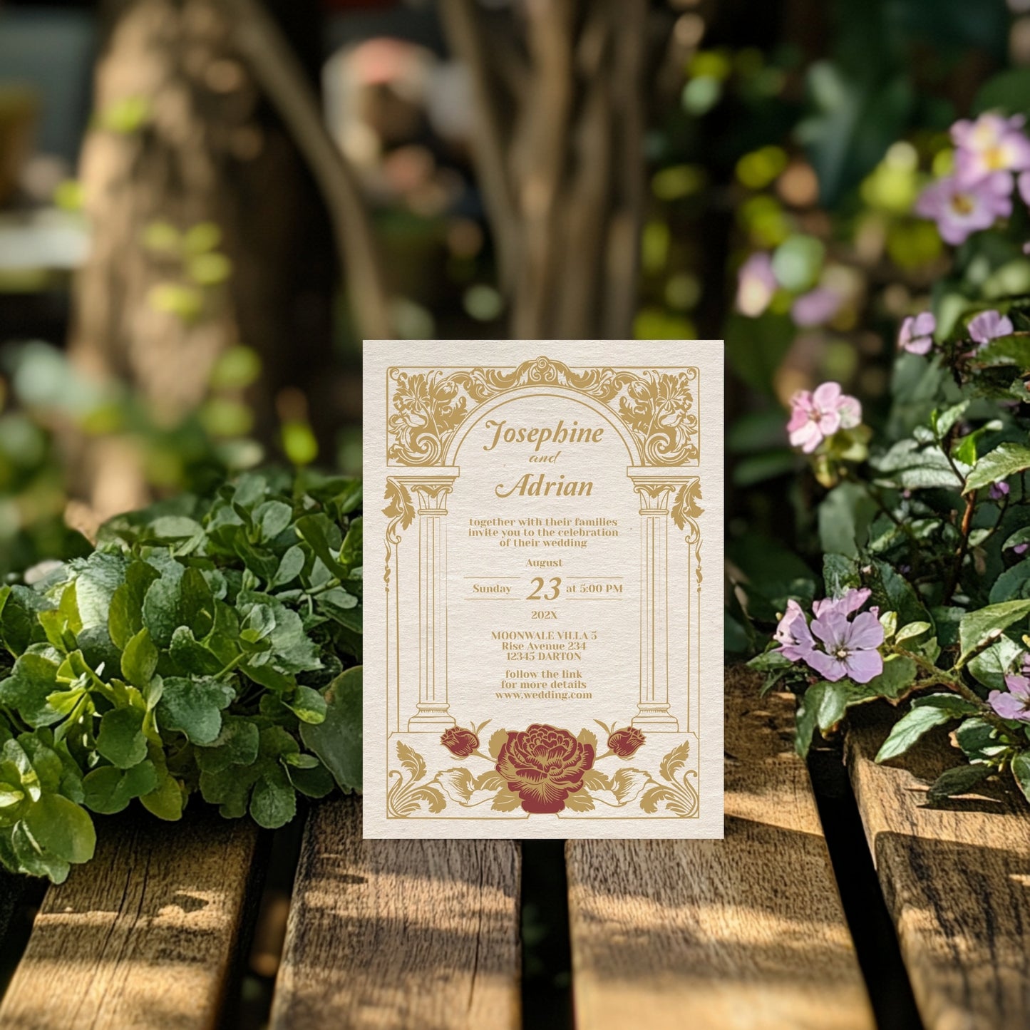 Vintage Wedding Invitation – Elegant Baroque Floral Design with Red Roses and Gold Roman Columns