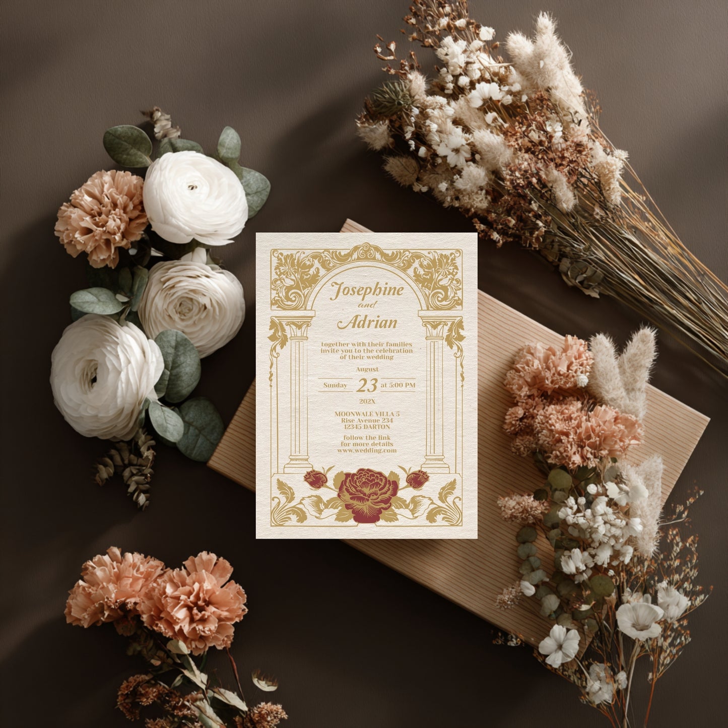 Vintage Wedding Invitation – Elegant Baroque Floral Design with Red Roses and Gold Roman Columns