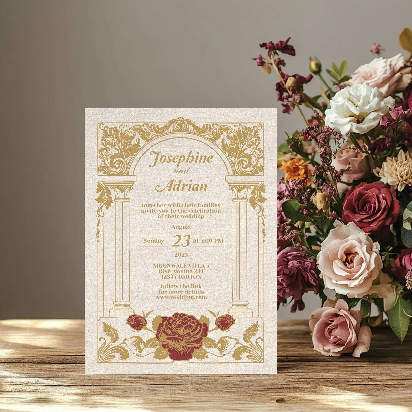 Vintage Wedding Invitation – Elegant Baroque Floral Design with Red Roses and Gold Roman Columns