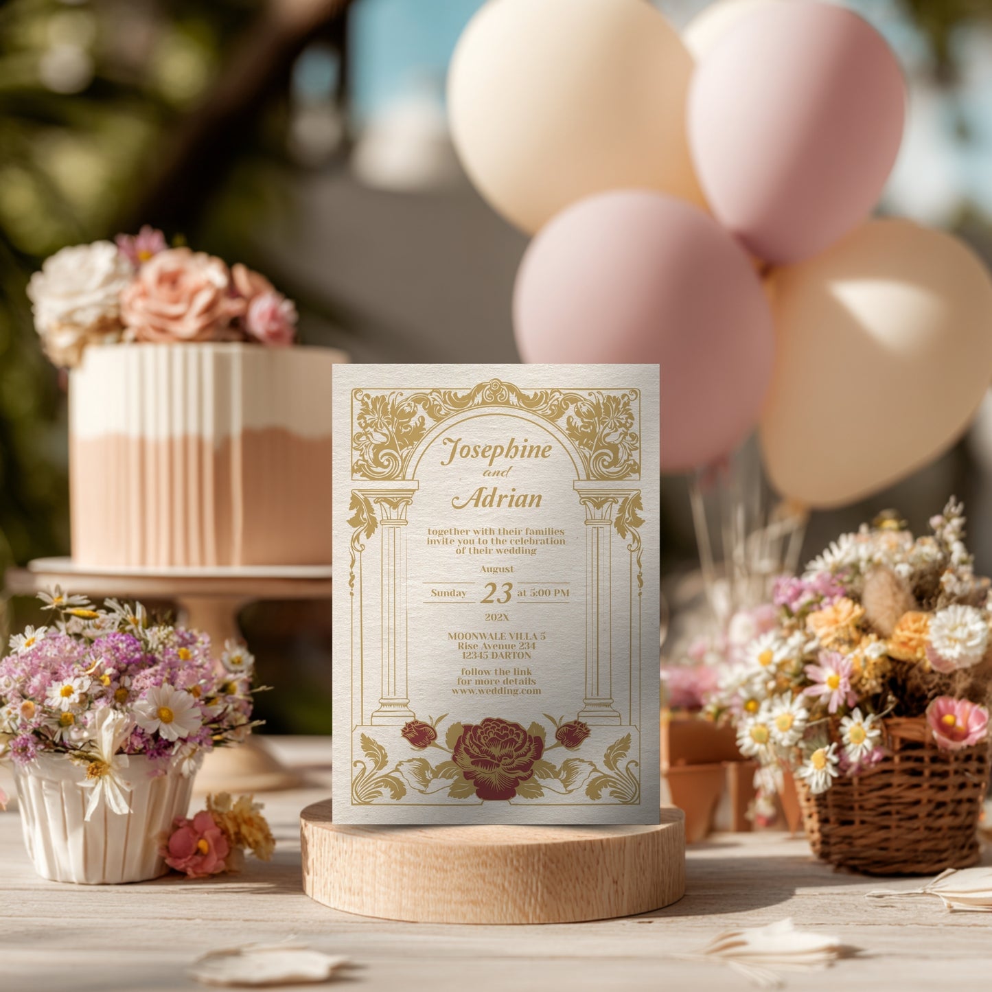 Vintage Wedding Invitation – Elegant Baroque Floral Design with Red Roses and Gold Roman Columns