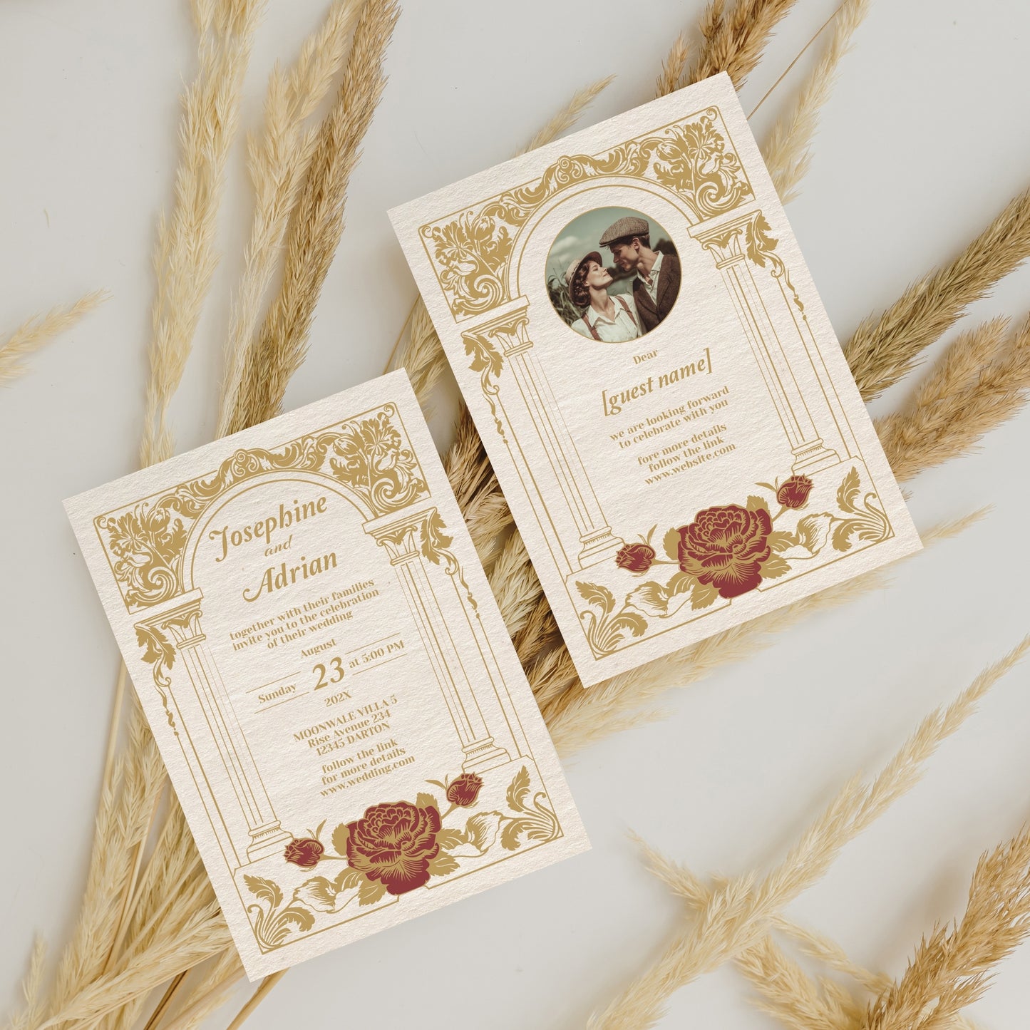 Vintage Wedding Invitation – Elegant Baroque Floral Design with Red Roses and Gold Roman Columns